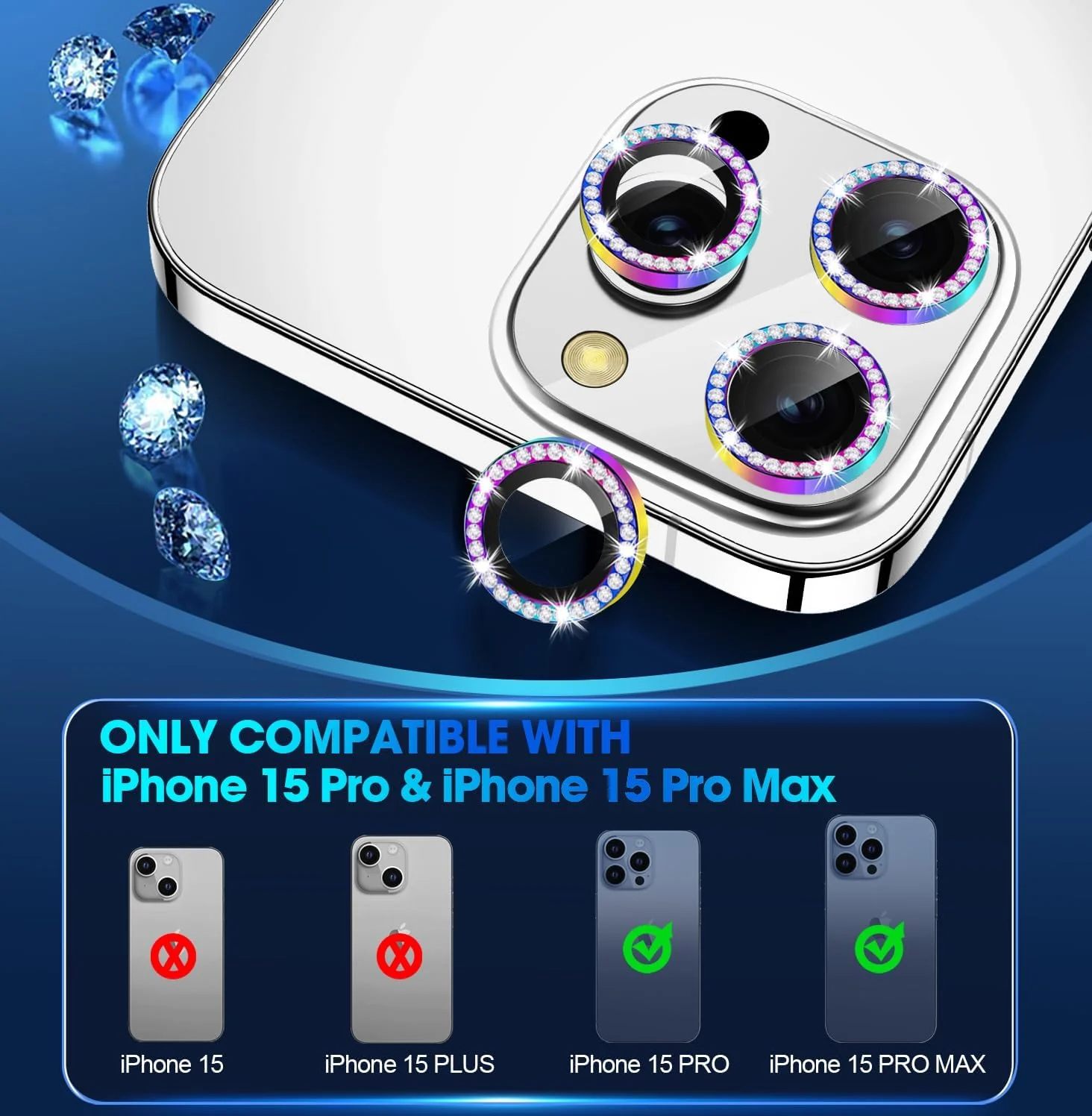 DL3 Mobilak Camera Lens Protector For iPhone 15 Pro/iPhone 15 Pro Max, [Keep Original Shooting] Tempered Glass Screen Protector Metal Individual Camera Cover, Case Friendly - Diamond Colorful