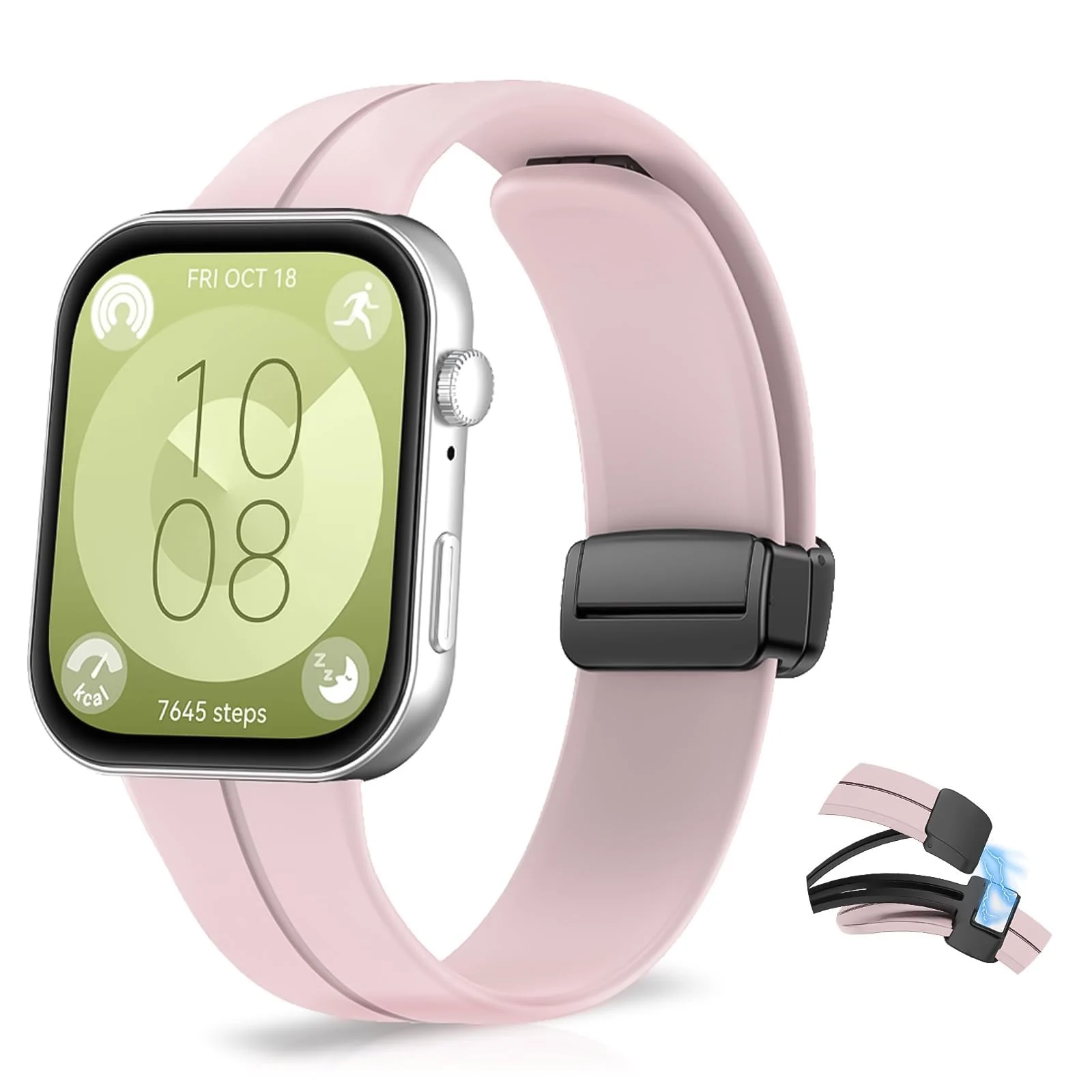 DL3 Mobilak Silicone Strap Compatible with Huawei Watch Fit 3/Watch Fit 4 Pro/Fit 4 Magnetic Metal Stainless Buckle Sport Silicone Strap, Band Quick Release Soft Replacment Wristband - Light Pink