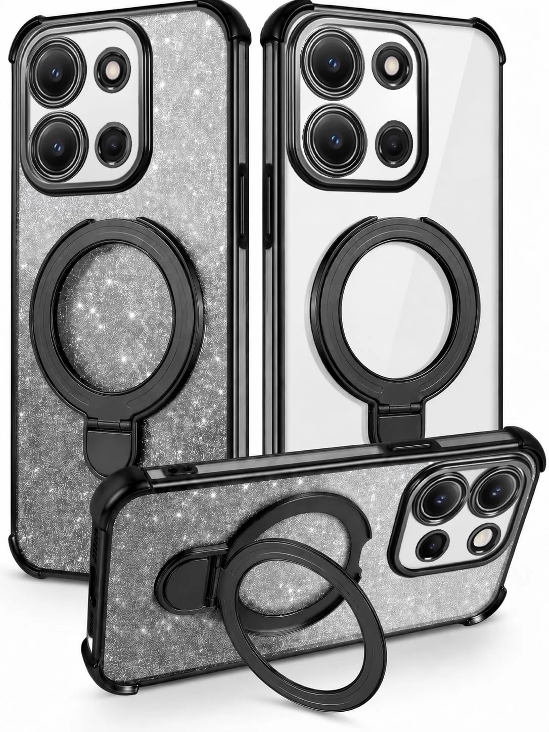 MOBIGON Glitter Phone Case with Magnetic Ring Stand for Xiaomi Redmi 15C 4G / POCO C85 4G, Black