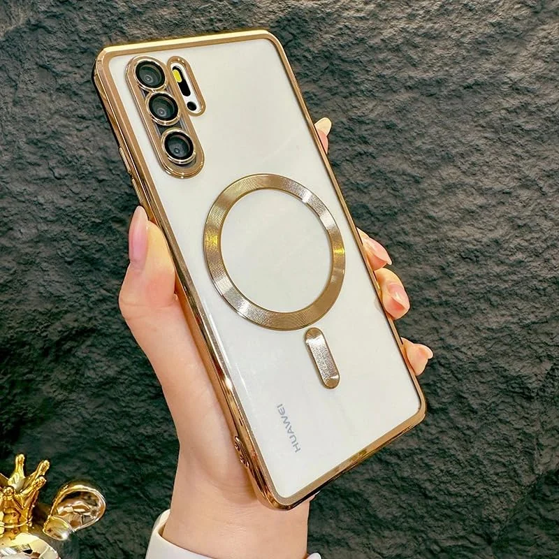 DL3 Mobilak Clear MagSafe-Compatible Magnetic Case for Huawei P30 Pro with Camera Protection and Shockproof Design - Gold