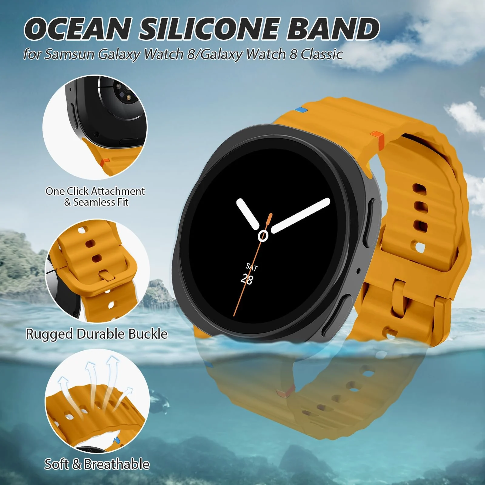 DL3 Mobilak Sport Strap for Samsung Galaxy Watch 8 Straps 40mm 44mm/8 Classic Bands 46mm Men Women, One Click No Gap Waterproof Soft Silicone Sport Band for Samsung Watch 8/8 Classic Strap - Yellow
