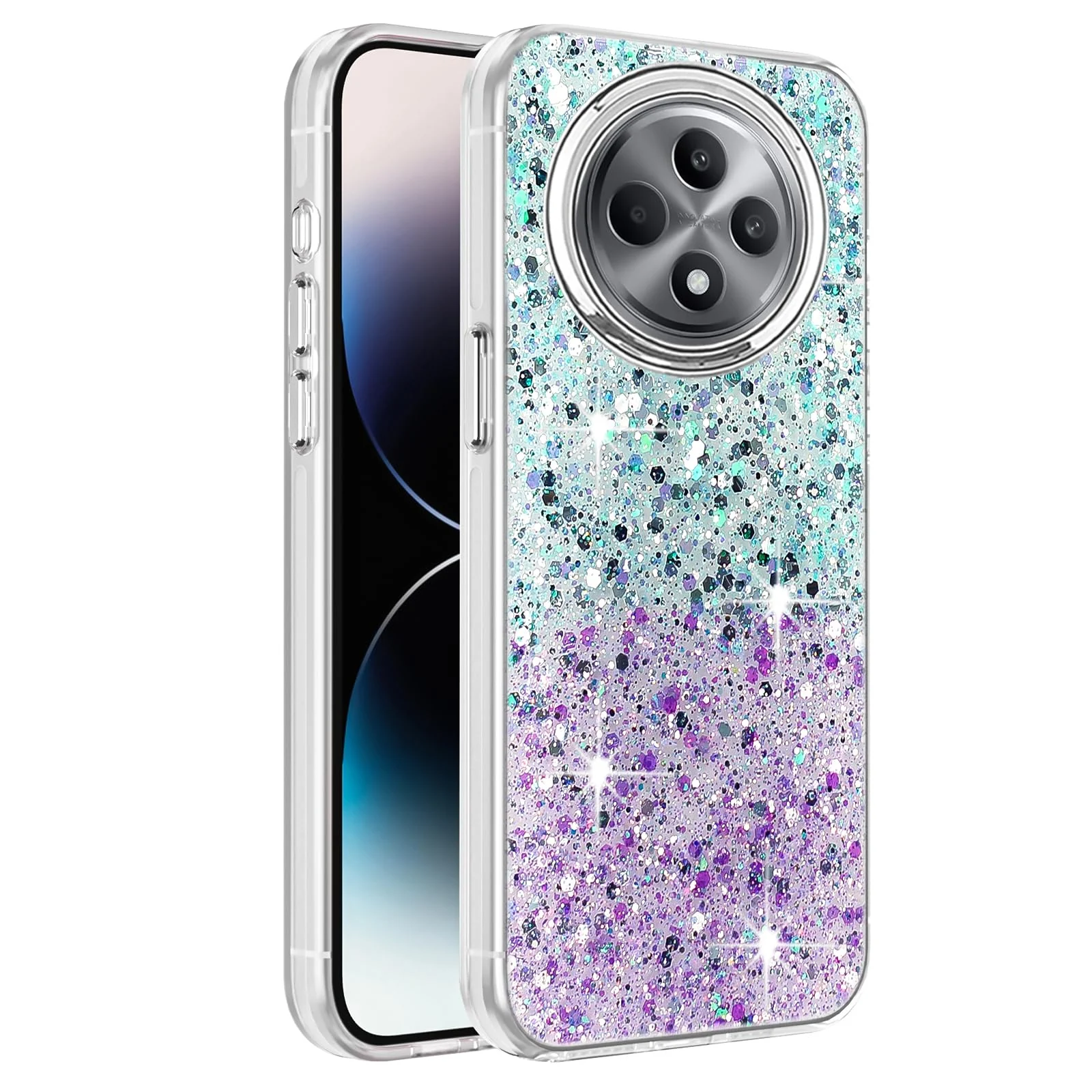 DL3 Mobilak Compatible with OPPO Reno 12 F/Reno 12F Case, Clear Glitter Bling Sparkly, Soft TPU Frame Bumper, Hard-Back Cover for Women & Girls, Transparent Protective Phone Case - Green Purple