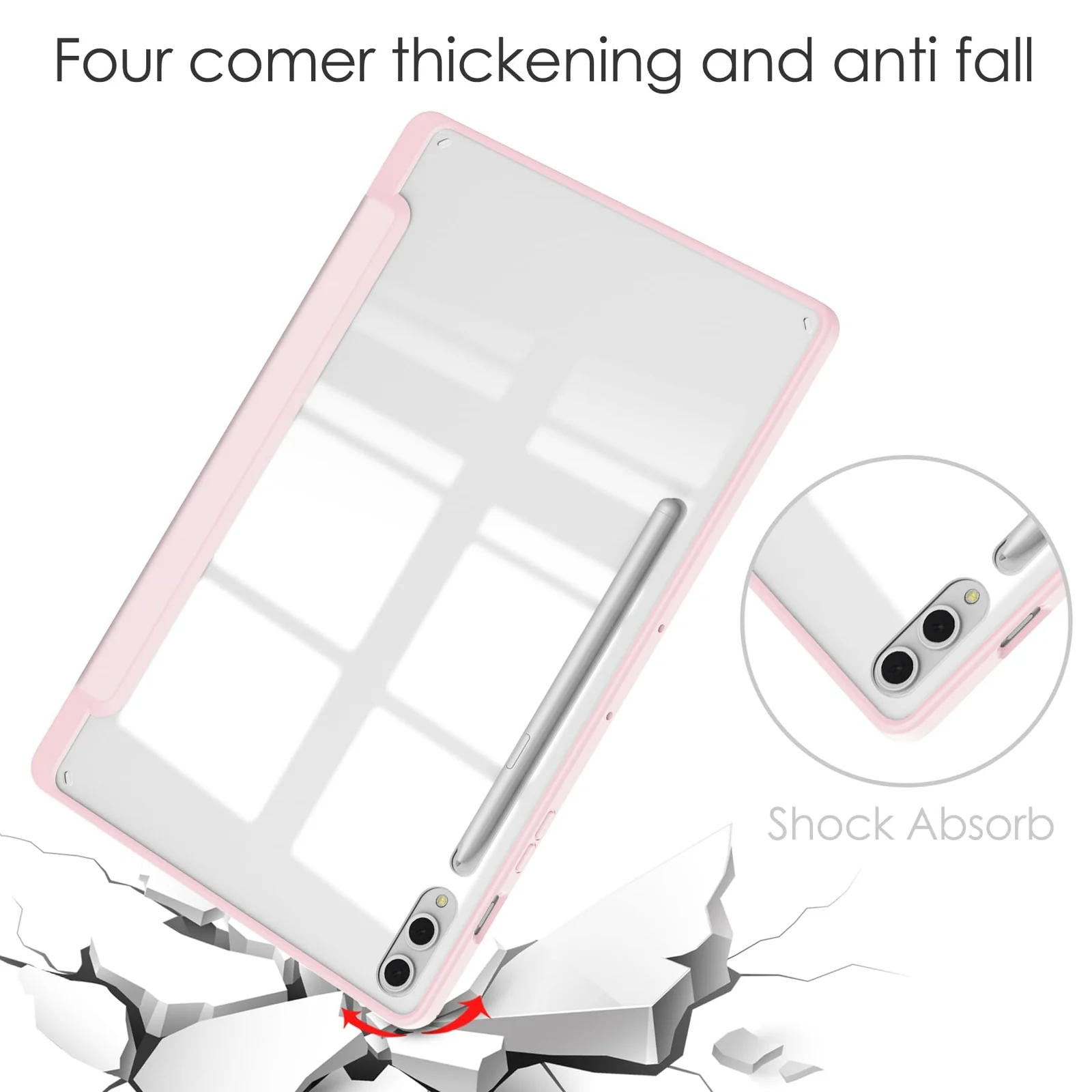 DL3 Mobilak Case for Samsung Galaxy Tab S10 Plus/Tab S9 Plus 12.4-Inch with S Pen Holder, Clear Transparent PC Back, Shockproof Tri-Fold Stand Tablet Cover, Auto Wake/Sleep - Pink