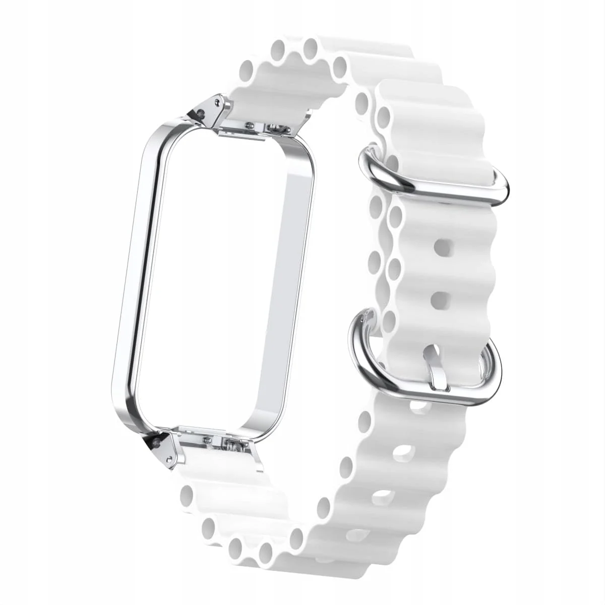 DL3 Mobilak Ocean Strap Compatible with Xiaomi Redmi Band 2/ Xiaomi Smart Band 8 Active, Adjustable Silicone Strap with Metal Buckle, Band With Frame Metal Women Men Replacement Strap - White