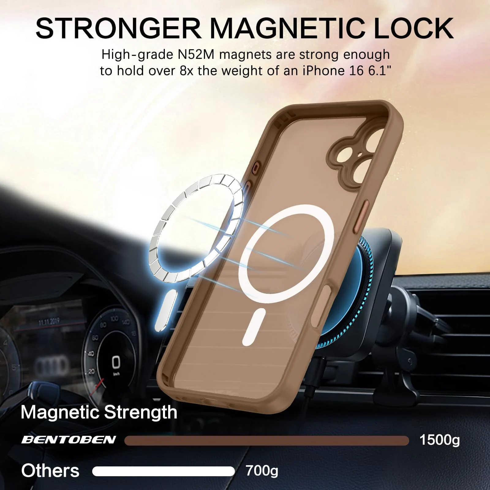 DL3 Mobilak Matte MagSafe-Compatible Magnetic Case for iPhone 16 with Camera Protection and Magnetic Car-Mount Support - Brown