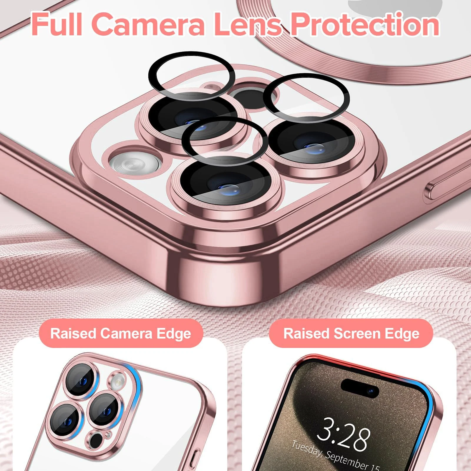 DL3 Mobilak Plated-Edge Protective Case for iPhone 15 Pro Max 6.7-Inch, Compatible with MagSafe accessories, Supports wireless charging, Shock-absorbing protection - Rose Gold
