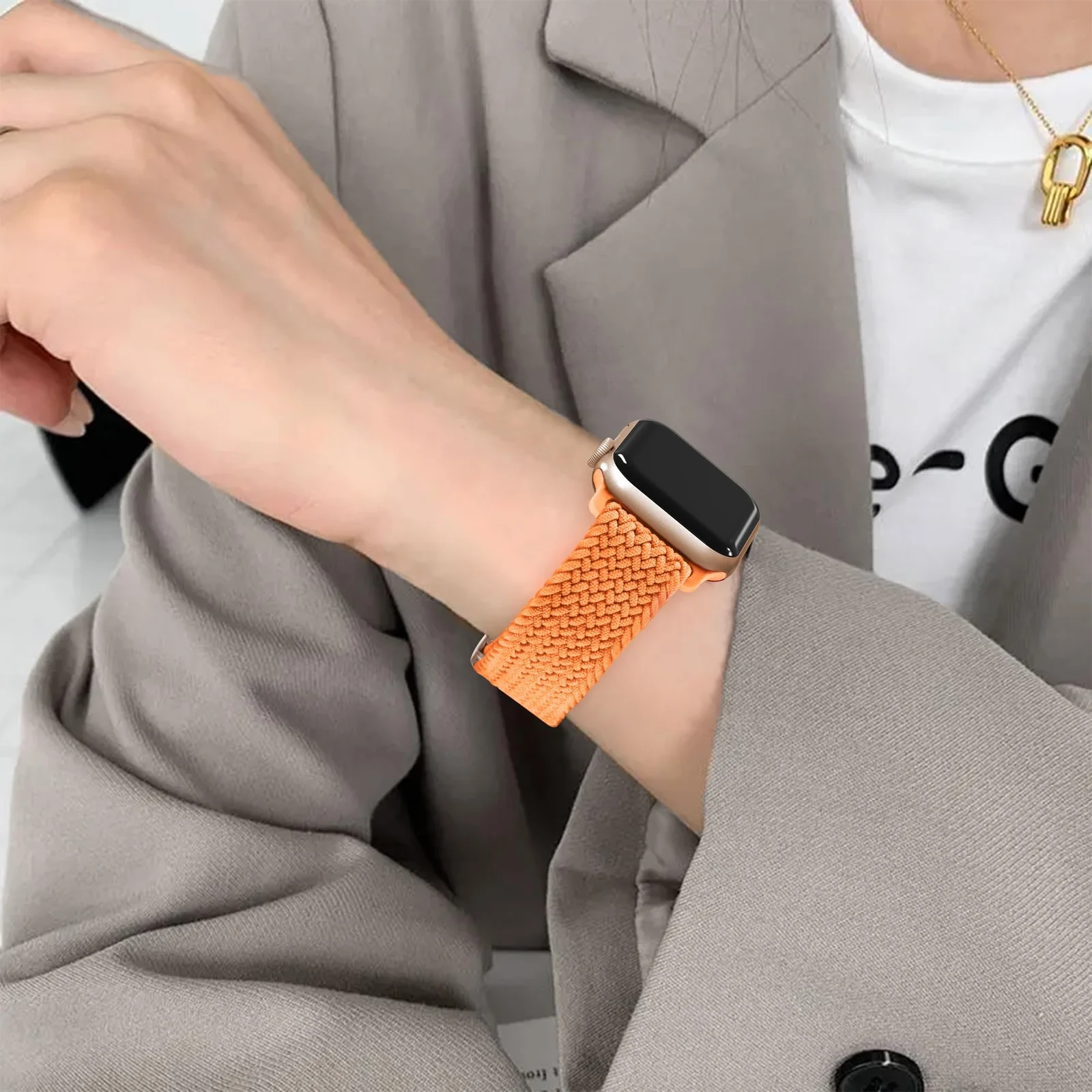 DL3 Mobilak Sport Solo Loop Compatible with Apple Watch Band 42mm 44mm 45mm 46mm 49mm for Women Men, Magnetic Strap Stretchy Braided Wristband for iWatch Series 11 10 9 8 7 6 5 4 3 Ultra 3 2 1 SE SE2 - Orange