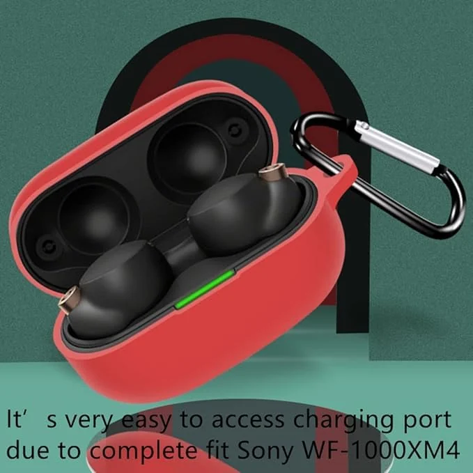 DL3 Mobilak Silicone Case Compatible with Sony WF-1000XM4 Earbuds, Soft Silicone Protective Case Cover, Shockproof Sleeve with Carabiner - Red