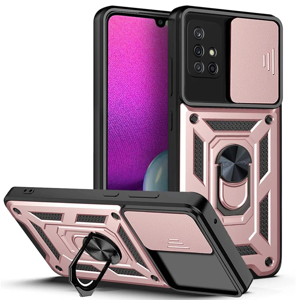 Dl3 Mobilak Case for Samsung Galaxy M51 with Slide Camera Cover, Military Grade Shockproof Protective Cover with Rotatable Metal Ring Kickstand [Support Magnetic Car Mount] (Rose Gold)