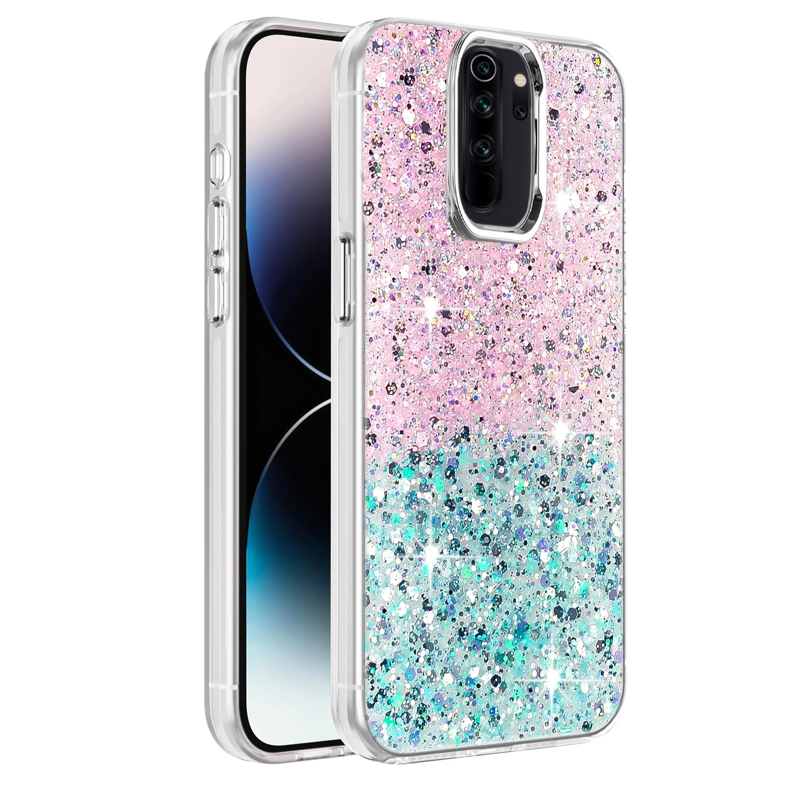 DL3 Mobilak Glitter Protective Case for Xiaomi Redmi Note 8 Pro, Supports wireless charging, Camera protection, Shock-absorbing protection - Pink Green