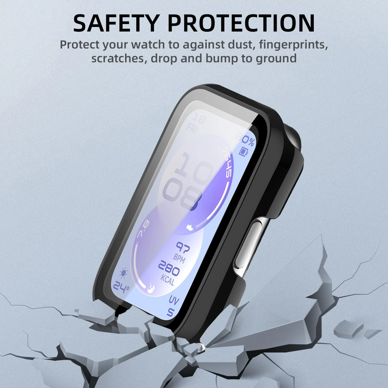 DL3 Mobilak Case with Screen Protector for Huawei Band 11, Bumper Full Coverage Hard PC Overall Protective Cover, Built-in Tempered Glass Film High Sensitivity For Huawei Band 11 - Black