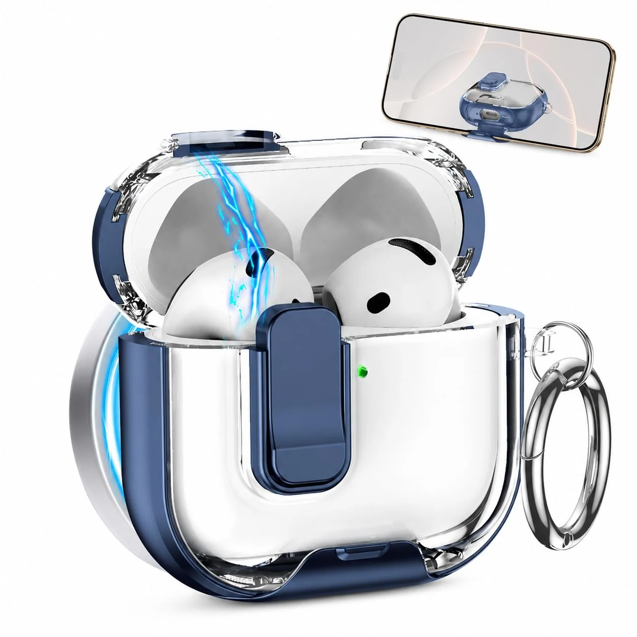 MOBIGON Locking Protective Case with Carabiner for AirPods Pro 1 / 2, Clear / Blue