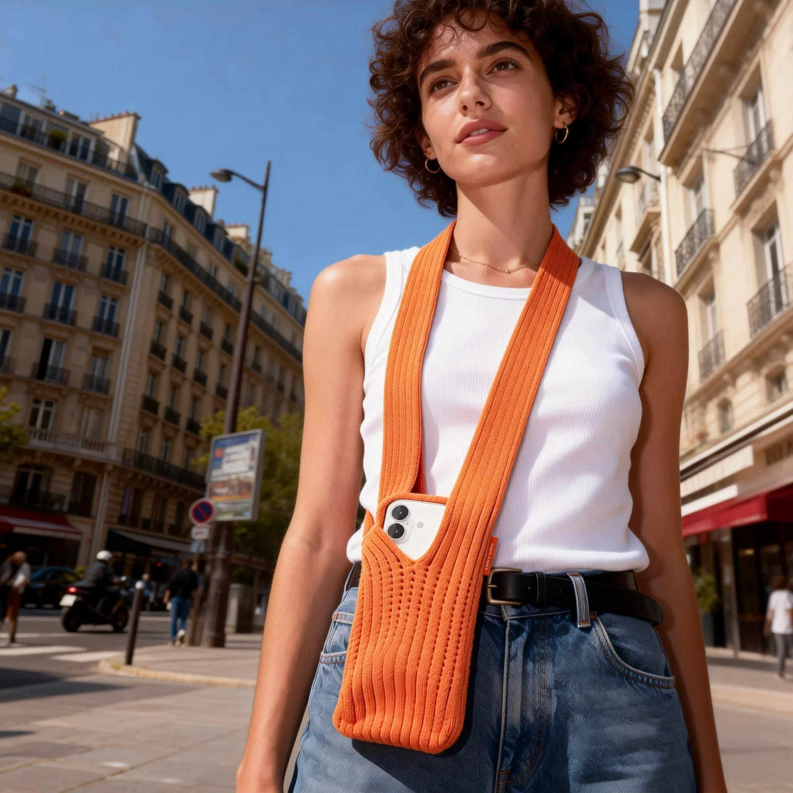 DL3 Mobilak Phone Pocket Lanyard Crossbody Strap 80cm, Universal Stretch Knit Mobile Holder Pouch, Hands-Free Shoulder Phone Bag for iPhone & All Smartphones, Lightweight Minimalist Design - Orange