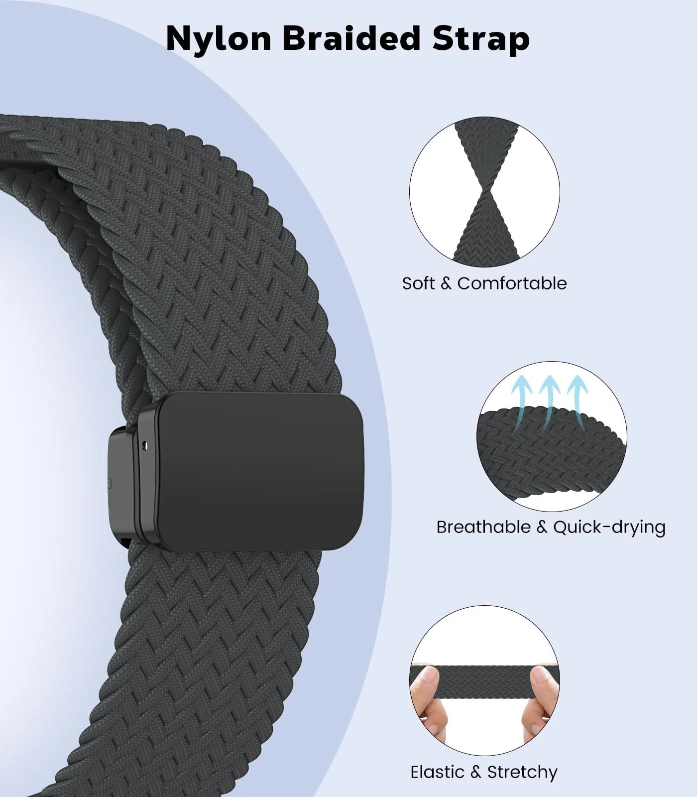 DL3 Mobilak 20mm Magnetic Band for Samsung Galaxy Watch 7/6/5/4/FE Band 40mm 44mm/Galaxy Watch 6/4 Classic Bands 47mm 43mm 46mm 42mm/Watch 5 pro 45mm/3 41mm/Active 2, Stretchy Braided Nylon Magnetic Sport Strap - Grey