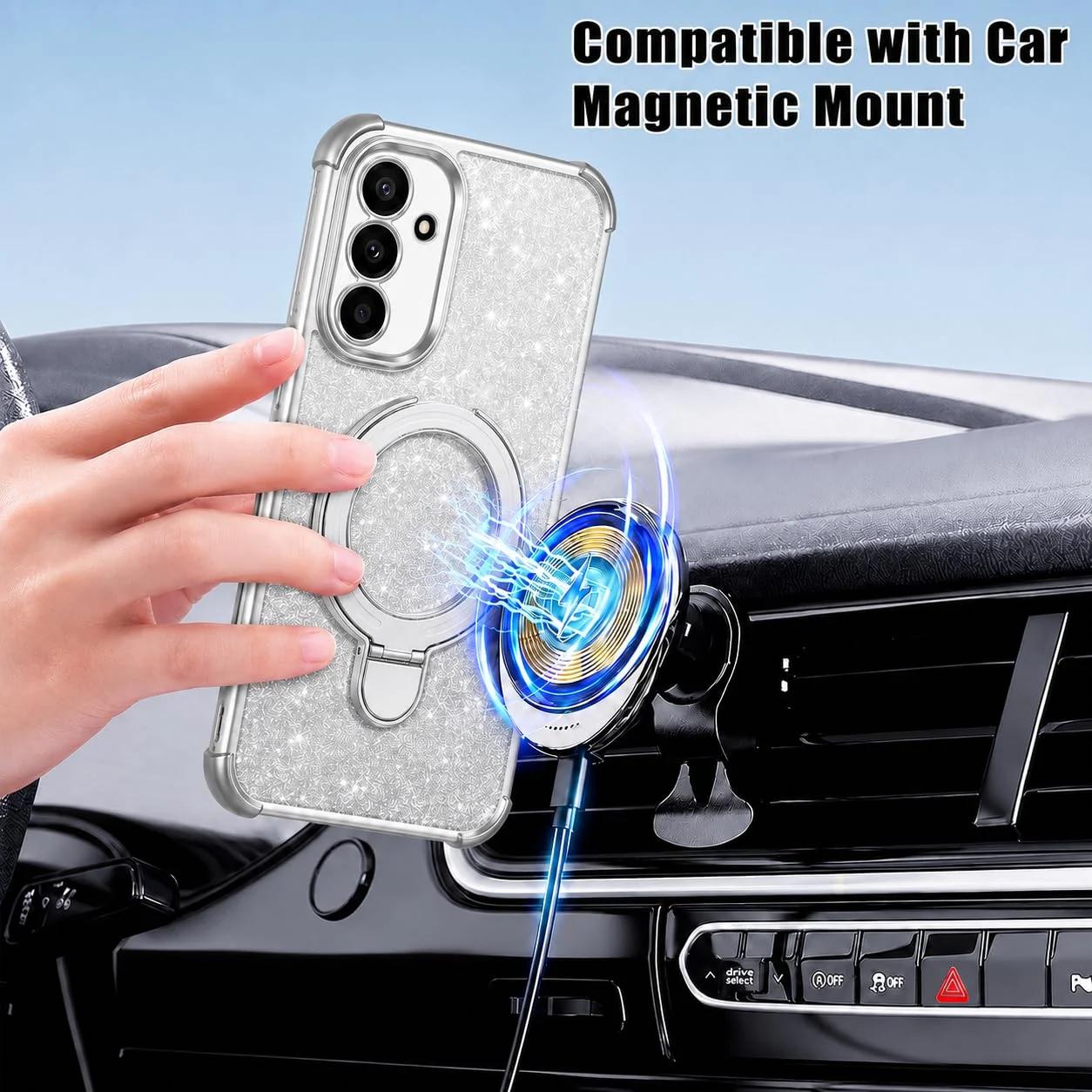 MOBIGON Glitter Phone Case with Magnetic Ring Stand for Samsung Galaxy A26, Silver