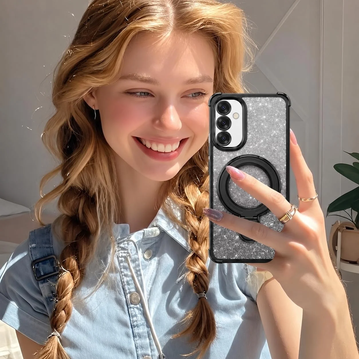 MOBIGON Glitter Phone Case with Magnetic Ring Stand for Samsung Galaxy A17, Black