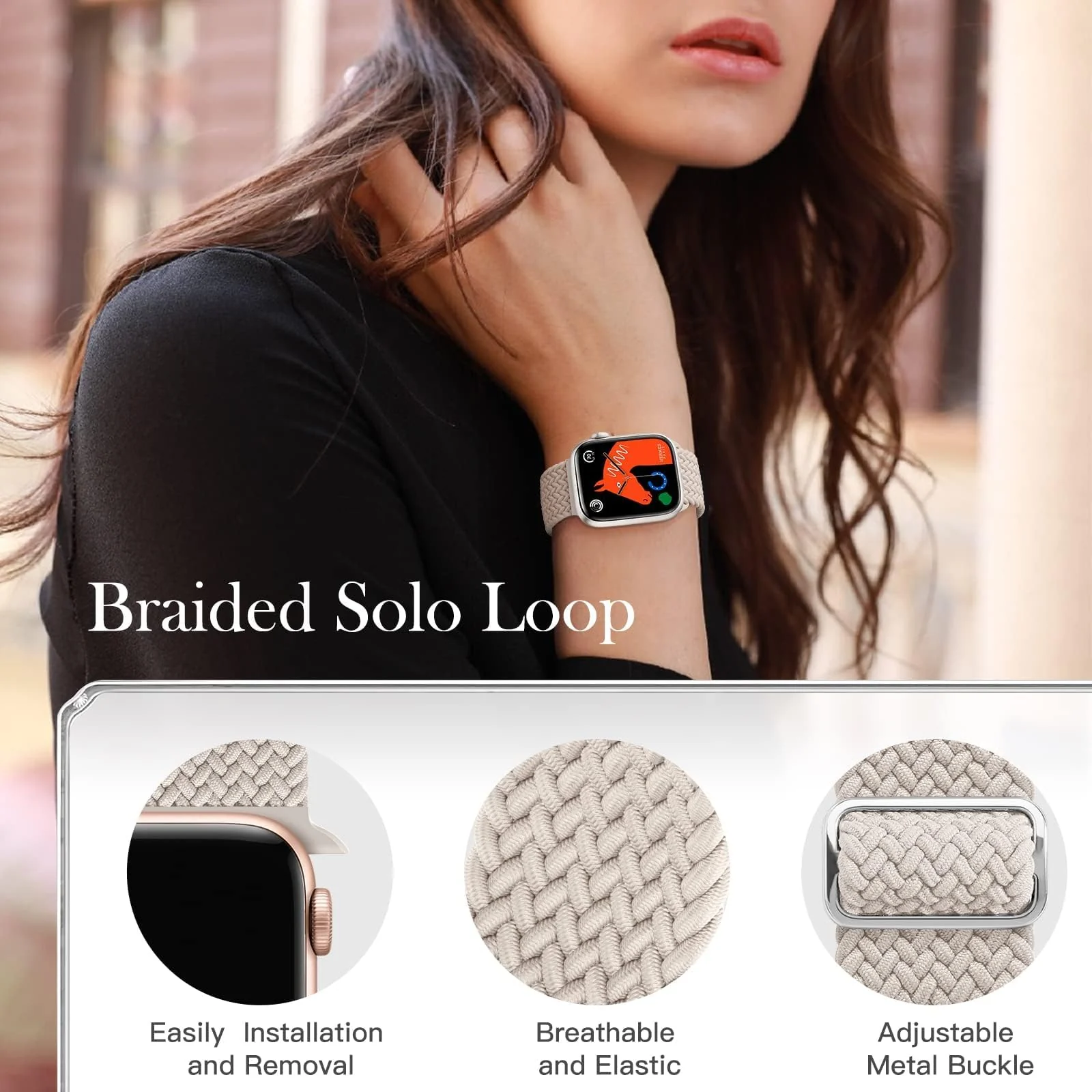 DL3 Mobilak Stretchy Nylon Solo Loop Strap Compatible with Apple Watch Band 49mm 45mm 46mm 44mm 42mm for Women Men, Sport Breathable Braided Wristband for iWatch Series 11 10 9 8 7 6 5 4 SE Ultra 3 2 1 - Starlight