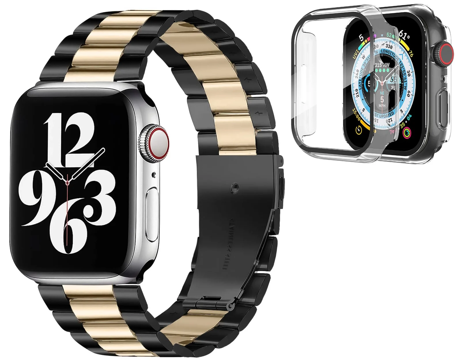 DL3 Mobilak Stainless Steel Band with Case Compatible with Apple Watch Band 45mm Series 9/8/7, Men Woman Business Strap with Protective Bumper Cover for iWatch Series 7/8/9 45mm - Black Gold