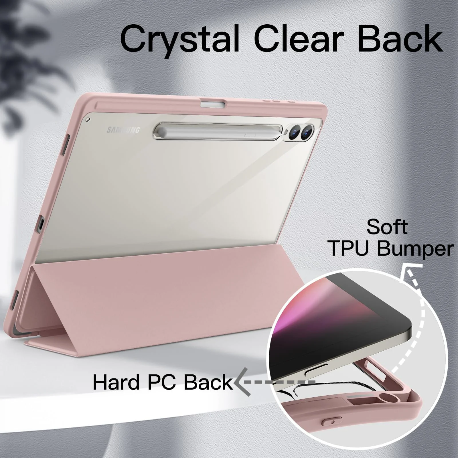 DL3 Mobilak Hybrid Slim Case for Samsung Galaxy Tab S8 Plus 2022/S7 FE 2021/S7 Plus 2020 12.4 Inch with S Pen Holder, Shockproof Cover with Clear Transparent Back Shell, Auto Wake/Sleep - Rose Gold