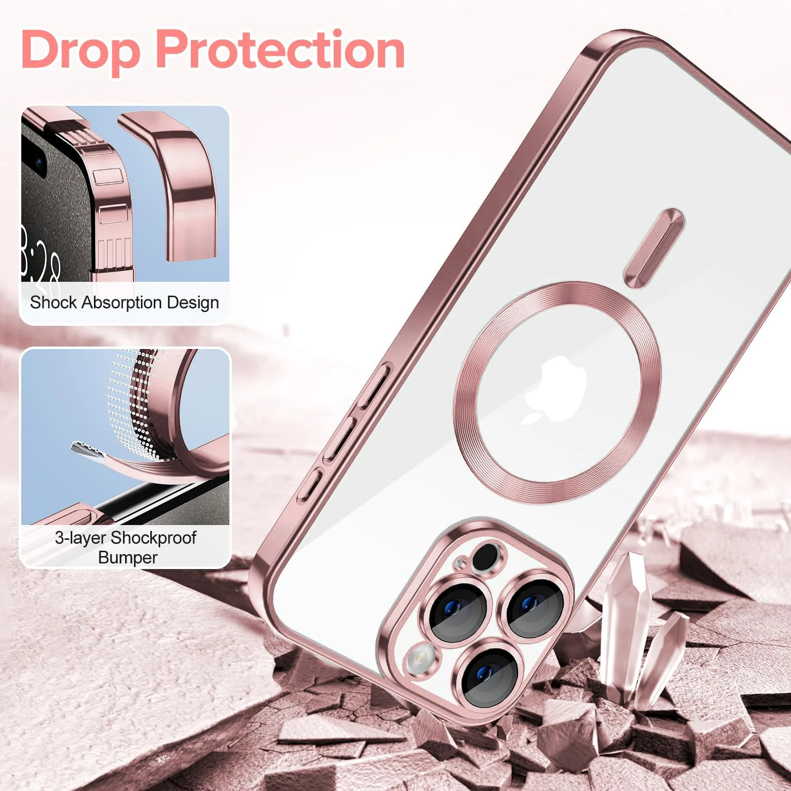 DL3 Mobilak Plated-Edge Protective Case for iPhone 15 Pro Max 6.7-Inch, Compatible with MagSafe accessories, Supports wireless charging, Shock-absorbing protection - Rose Gold
