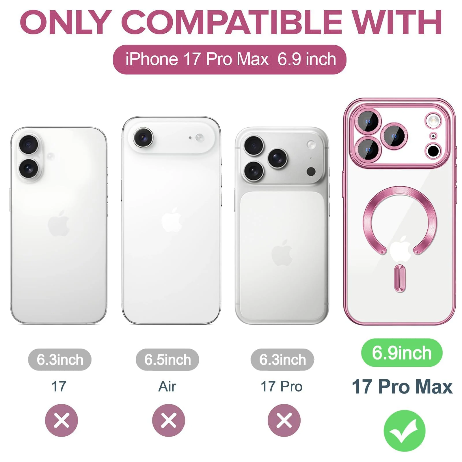 DL3 Mobilak Clear MagSafe-Compatible Magnetic Case for iPhone 17 Pro Max with Camera Protection and Magnetic Car-Mount Support - Pink