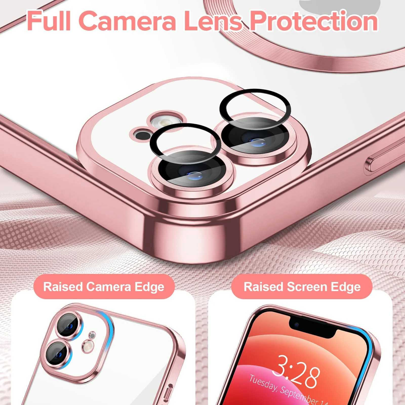 DL3 Mobilak Plated-Edge Protective Case for iPhone 12, Compatible with MagSafe accessories, Built-in magnetic car-mount support, Camera protection - Rose Gold
