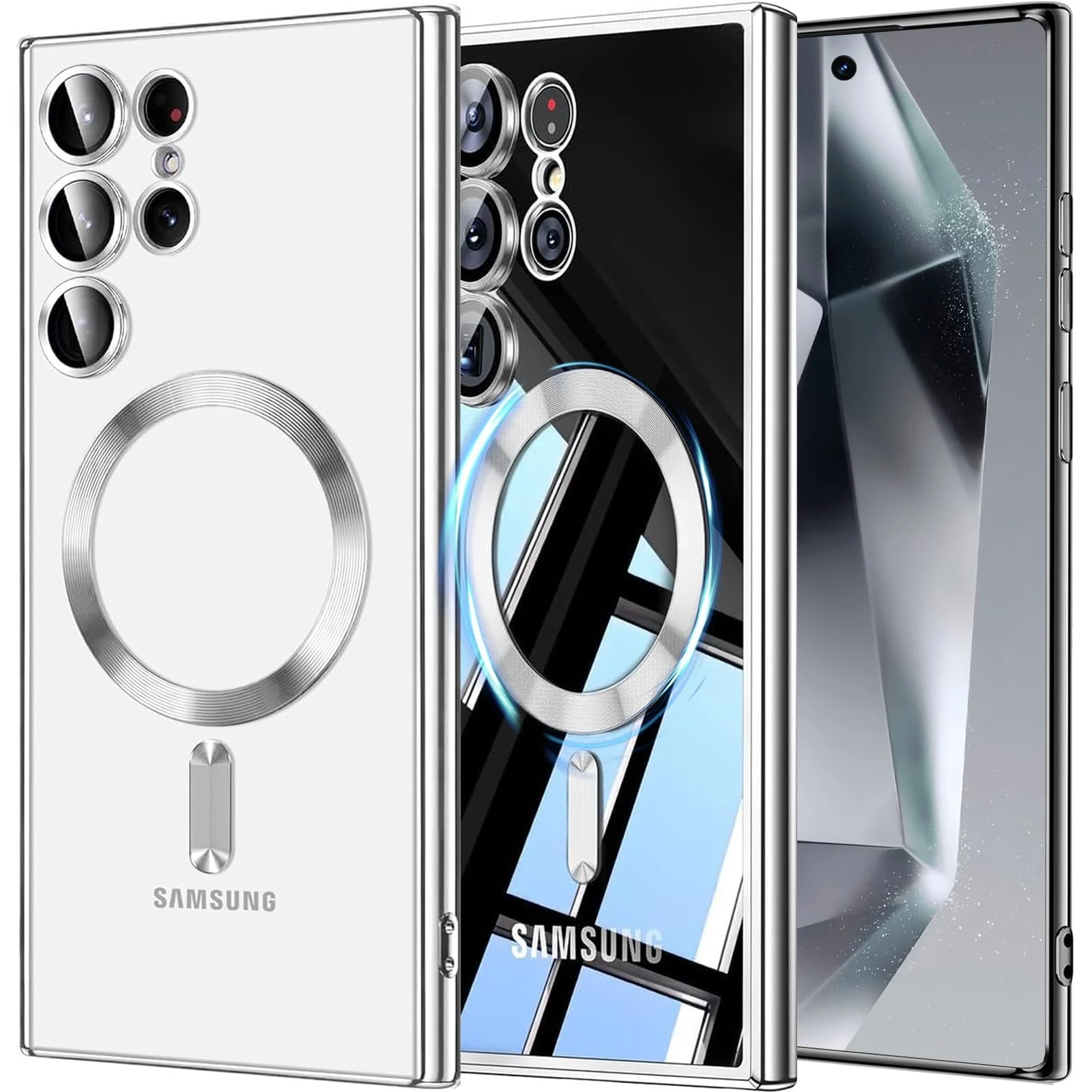 DL3 MOBILAK For Samsung Galaxy S24 Ultra Magnetic Case, Compatible with MagSafe, Built-in Camera Lens Protector, Luxury Plating Soft TPU Clear Shockproof Slim Cover 6.8 inch - Silver