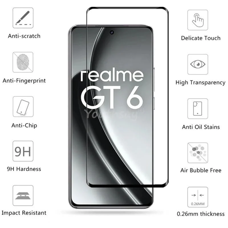DL3 Mobilak Screen Protector for realme GT 6/realme GT 6T, Tempered Glass Screen Saver Premium HD Protective, Scratch Resistant, NO-Bubble, 9H Hardness, Full Coverage Film - Clear