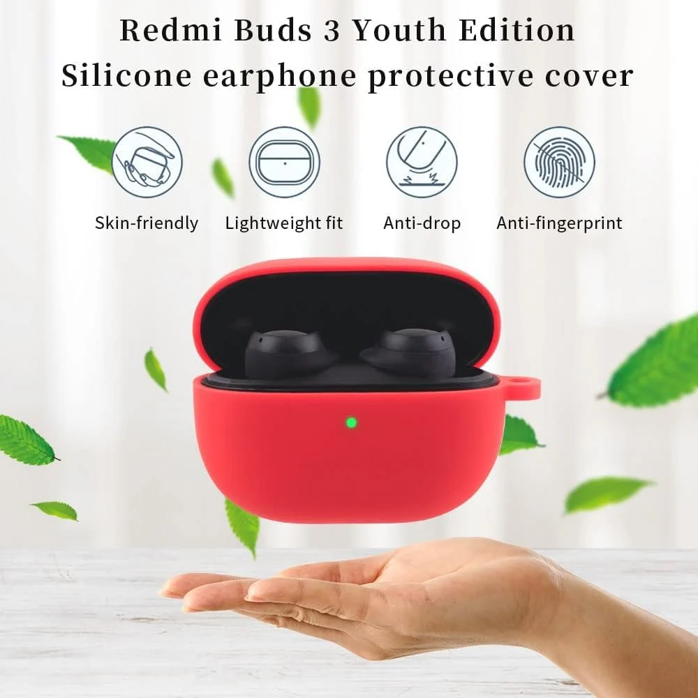 DL3 Mobilak Silicone Case Compatible with Xiaomi Redmi Buds 3 Lite Earbuds, Soft Silicone Protective Case Cover, Shockproof Sleeve with Carabiner - Red