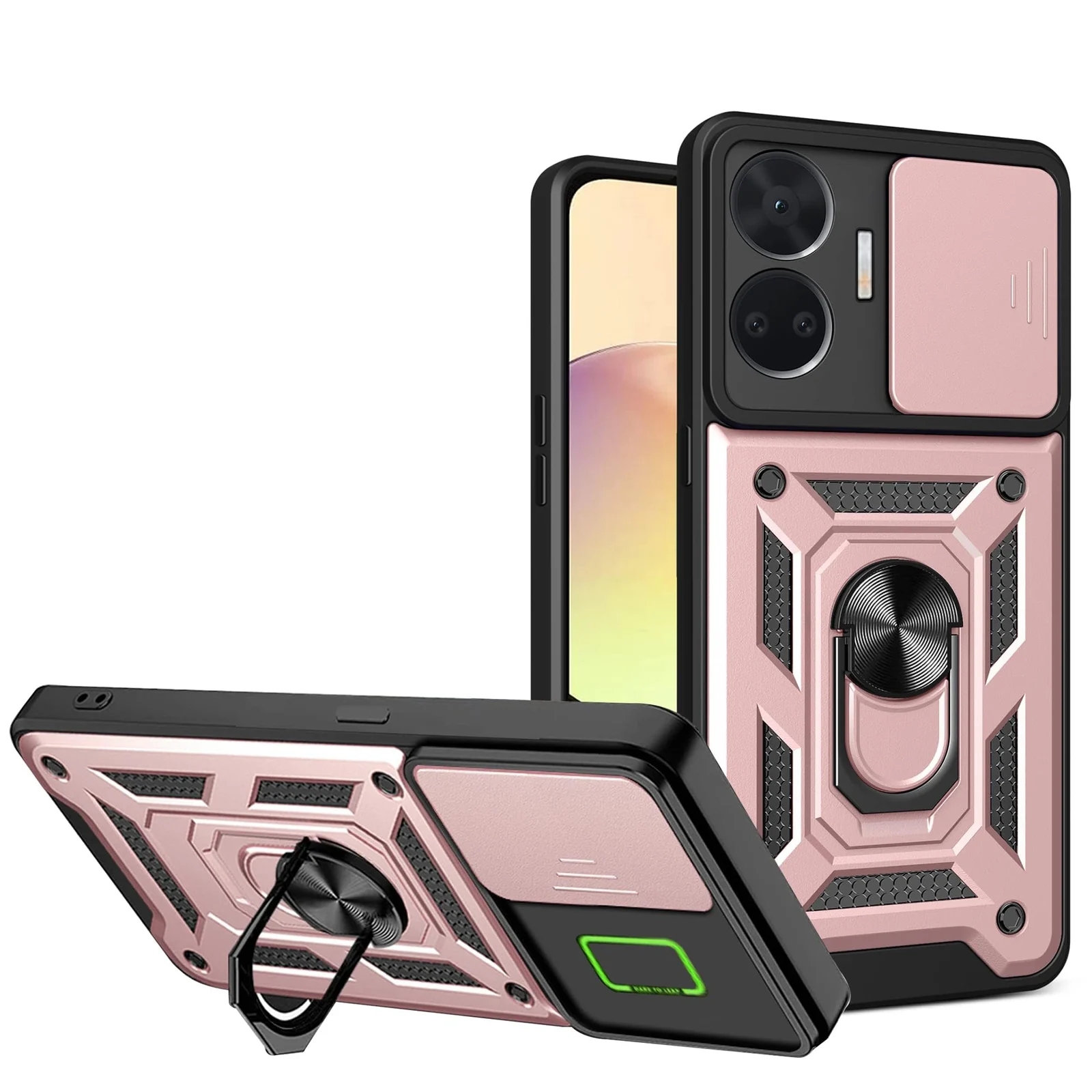 DL3 Mobilak Protective Case with Sliding Camera Cover, Metal Ring Kickstand and Magnetic Car-Mount Support for realme GT Neo 5 5G (Neo5) / realme GT3 - Rose Gold