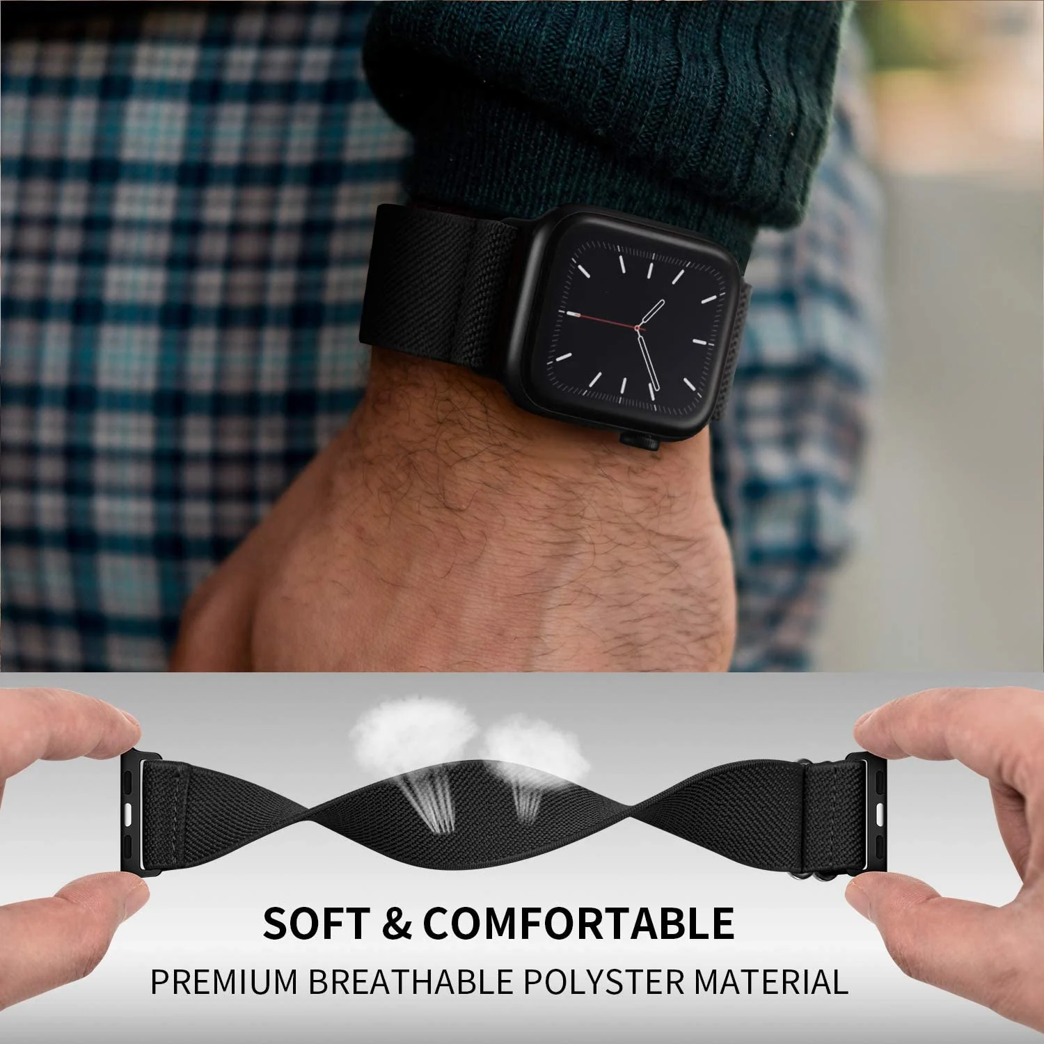 DL3 MOBILAK Nylon Solo Loop Stretchy Straps For Apple Watch Band 49mm 45mm 44mm 42mm 41mm 40mm 38mm, Elastic Wristbands for Series 8 Ultra 7 6 5 4 3 2 1 Se (42MM/44MM/45MM/49MM) - Black