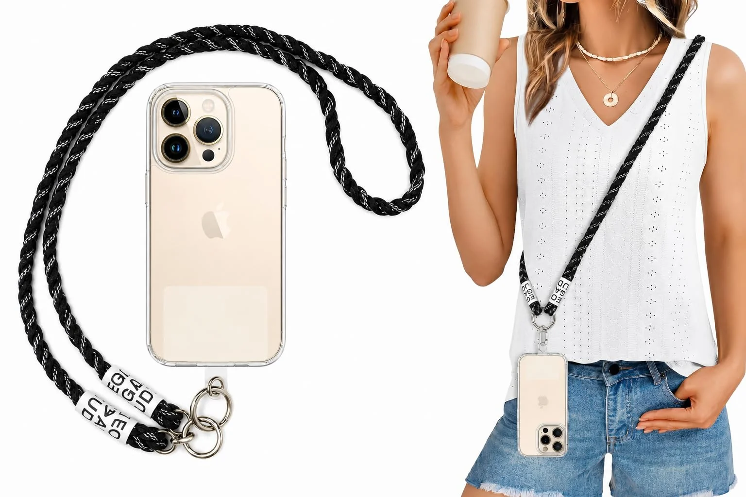 DL3 Mobilak Adjustable Nylon Crossbody Phone Lanyard Strap for Most Smartphones and Cases, Adjustable length - Black/White
