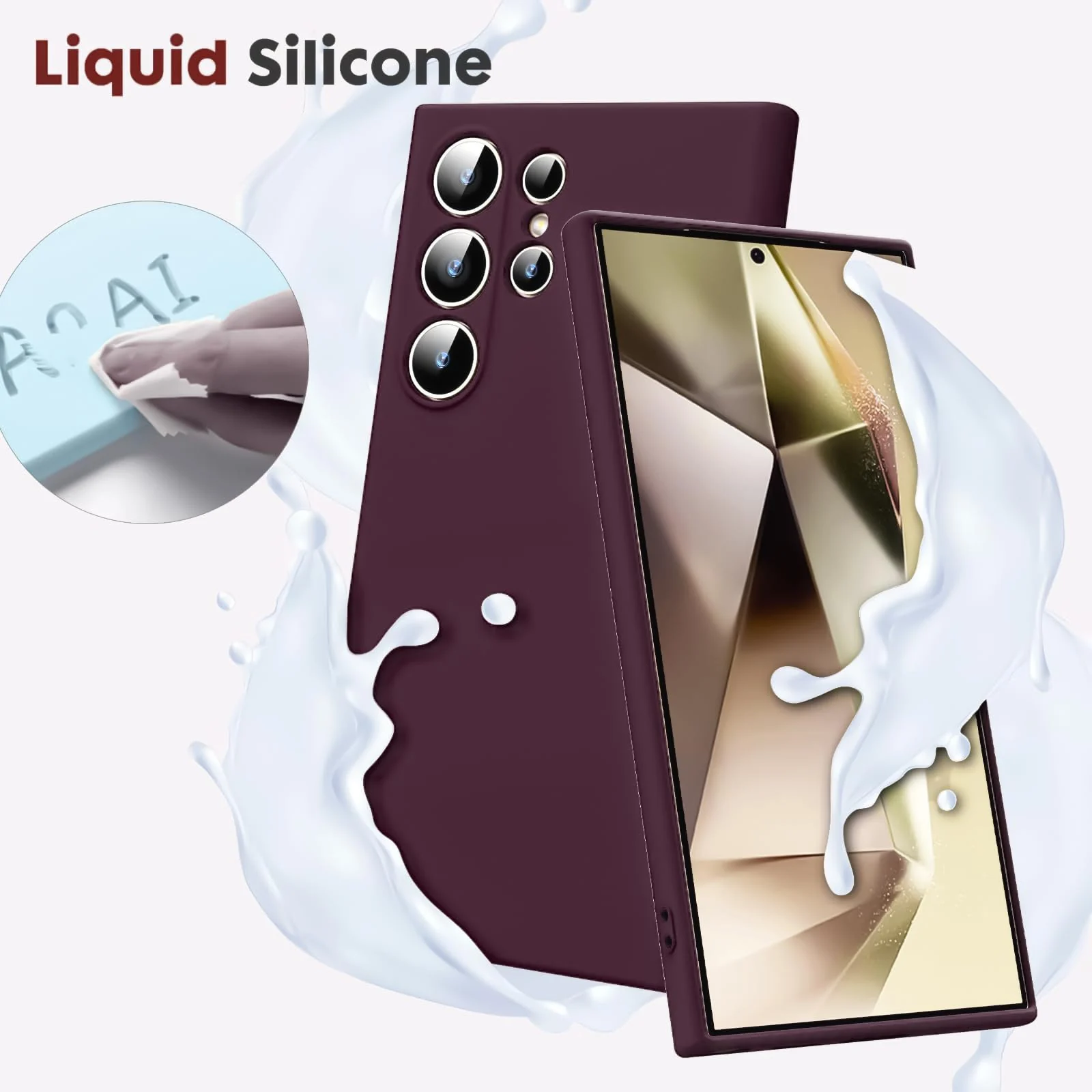 DL3 Mobilak Liquid Silicone Protective Case with Soft Microfiber Lining with Full Camera Protection for Samsung Galaxy S23 Ultra - Wine Red