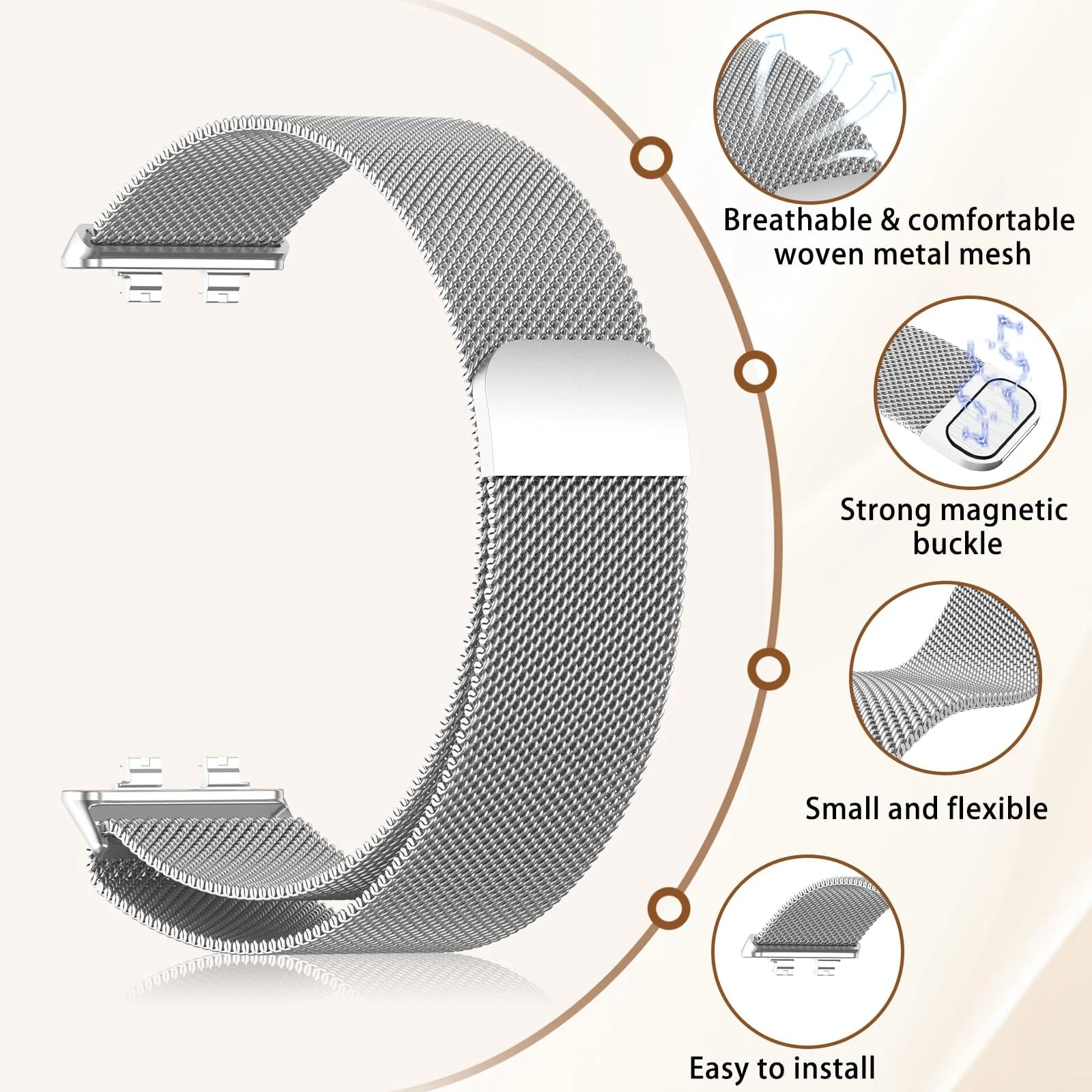 MOBIGON Magnetic Stainless Steel Watch Strap for Huawei Band 11 / 11 Pro, Silver