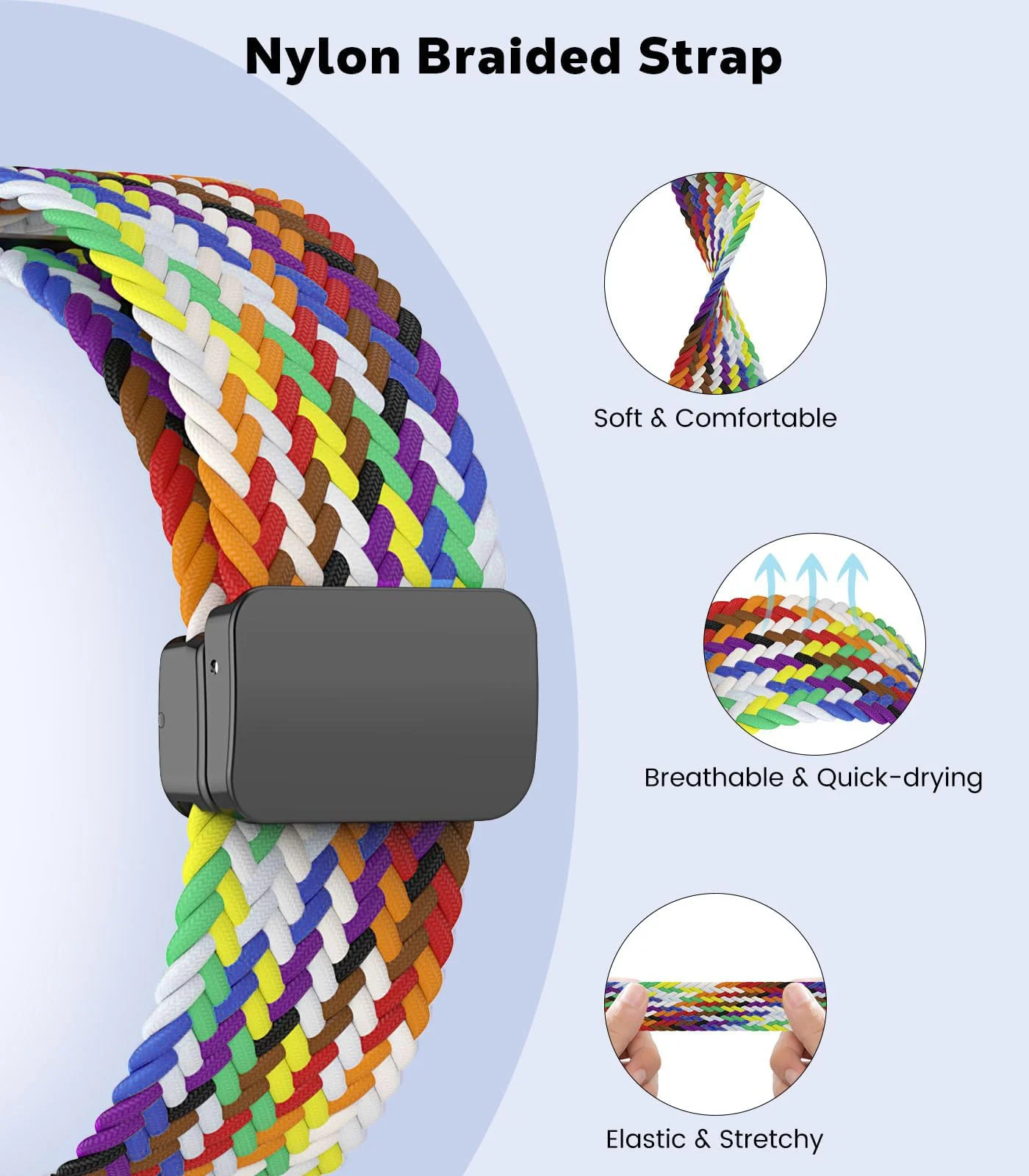 DL3 Mobilak 22mm Magnetic Band for Redmi Watch 5 Active/5 Lite/Samsung Galaxy Watch 3 45mm/Watch 46mm/Gear S3/Huawei watch GT6 GT5 46MM/GT2E/GT6 Pro/GT 5 Pro/Amazfit GTR 4/3, Stretchy Braided Nylon Sport Strap - Official Rainbow