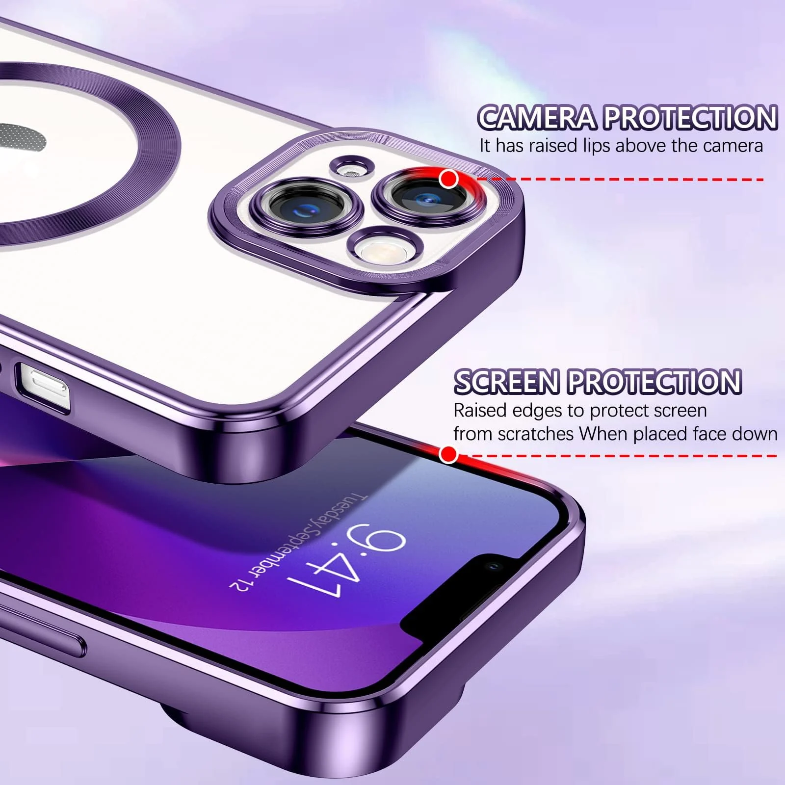 DL3 Mobilak Clear TPU Case for iPhone 13 (6.1 Inch) Compatible with, Compatible with MagSafe accessories, Supports wireless charging, Camera protection - Deep Purple