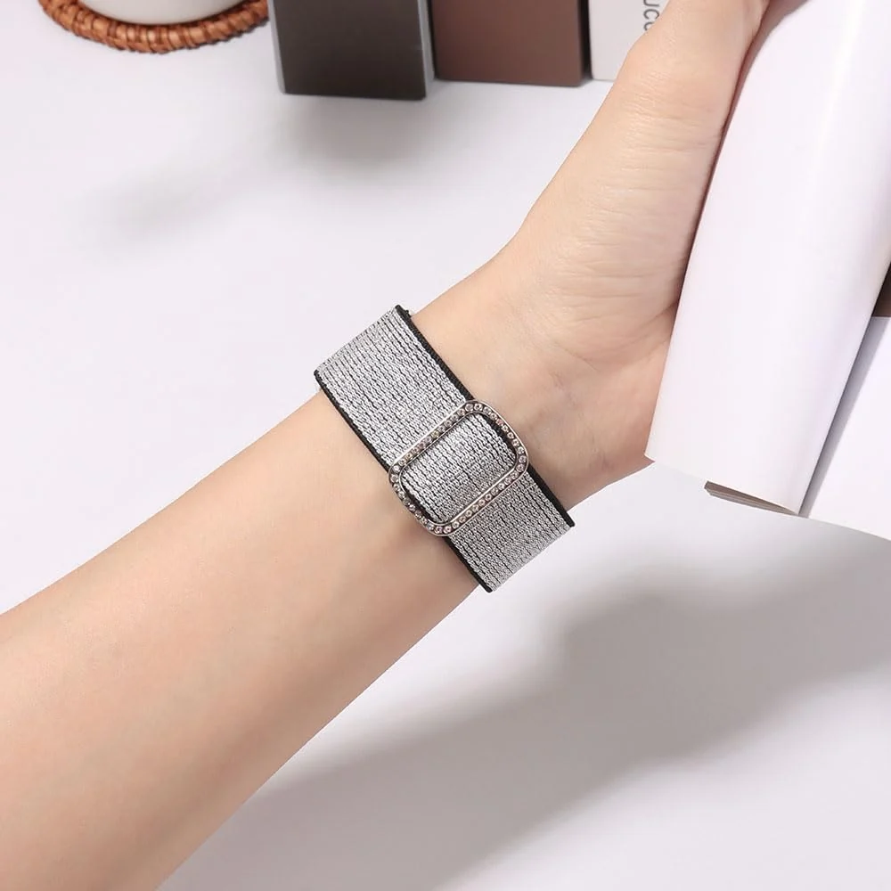 Dl3 Mobilak Stretchy Bling Band For Apple Watch 49mm 46mm 45mm 44mm 42mm Women, Nylon Sparkly Strap Solo Loop Glitter Wristband for iWatch Series 11 10 9 8 7 6 5 4 SE Ultra 3 2 1 (Silver/Black)