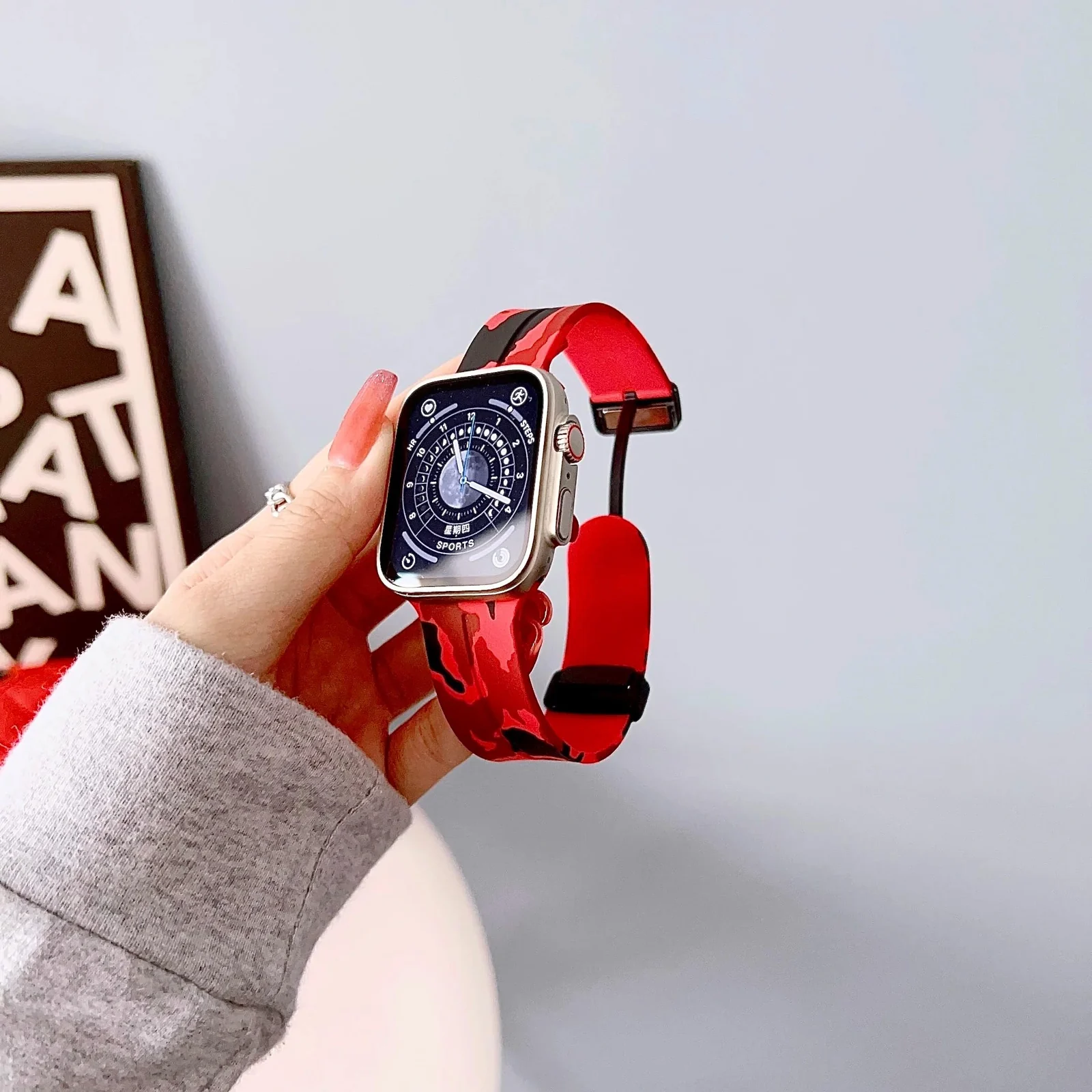 DL3 Mobilak Magnetic Bands for Apple Watch Ultra/Ultra 2 Band 49mm 45mm 44mm 42mm 41mm 40mm 38mm, Soft Sport Silicone Strap for iwatch Series 9/8/7/6/5/4 (Camouflage, 42mm/44mm/45mm/49mm) - Camouflage Red