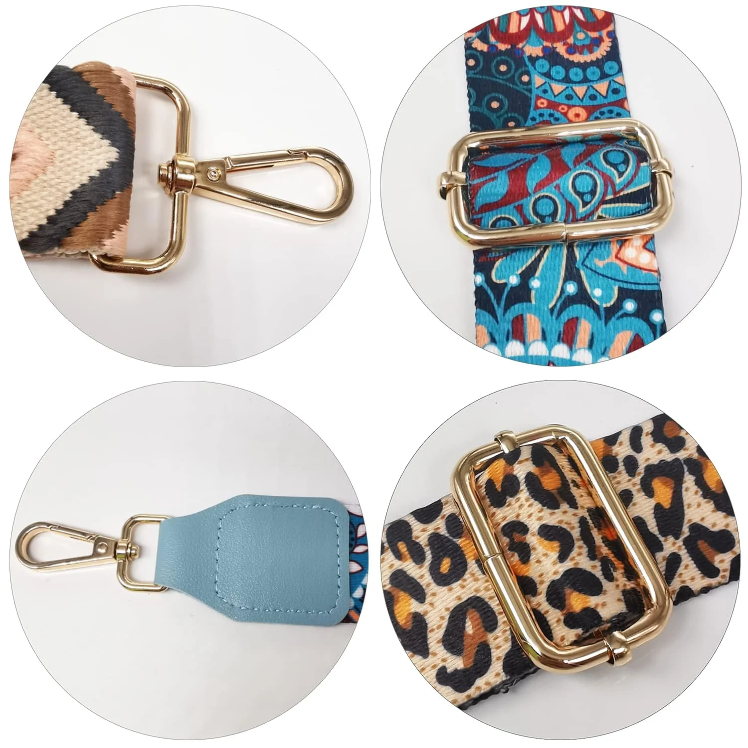 DL3 Mobilak Adjustable Wide Crossbody Bag Strap for Women, Replacement Shoulder Strap for Handbags, Totes & Purses with Elegant Embroidered Pattern and Metal Hooks - Leopard Gold