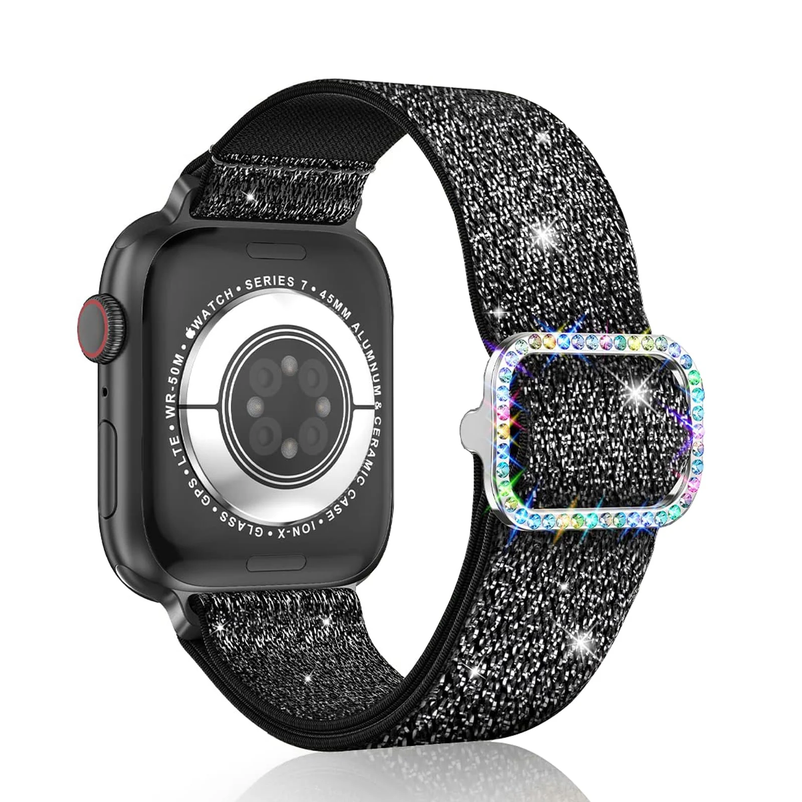 DL3 Mobilak Stretchy Bling Band For Apple Watch 49mm 46mm 45mm 44mm 42mm Women, Nylon Sparkly Strap Solo Loop Glitter Wristband for iWatch Series 11 10 9 8 7 6 5 4 SE3 SE2 SE Ultra 3 2 1 - Black Silver