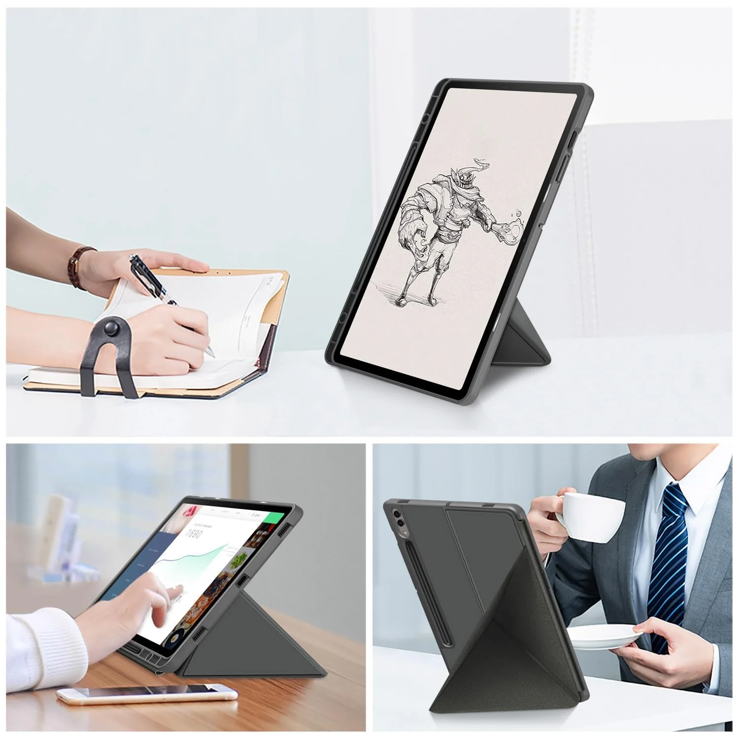DL3 Mobilak For Samsung Galaxy Tab S8+ Plus 2022 / S7 FE 2021 / S7+ Plus 2020 12.4-Inch Case, Smart Stand, Pencil Holder, Shockproof Slim Lightweight Leather Cover, Modern Abstract Design - Grey