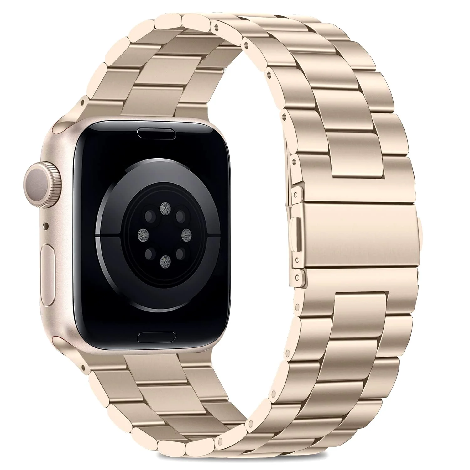 DL3 Mobilak Stainless Steel Band with Case Compatible with Apple Watch Band 45mm Series 9/8/7, Men Woman Business Strap with Protective Bumper Cover for iWatch Series 7/8/9 45mm - StarLight