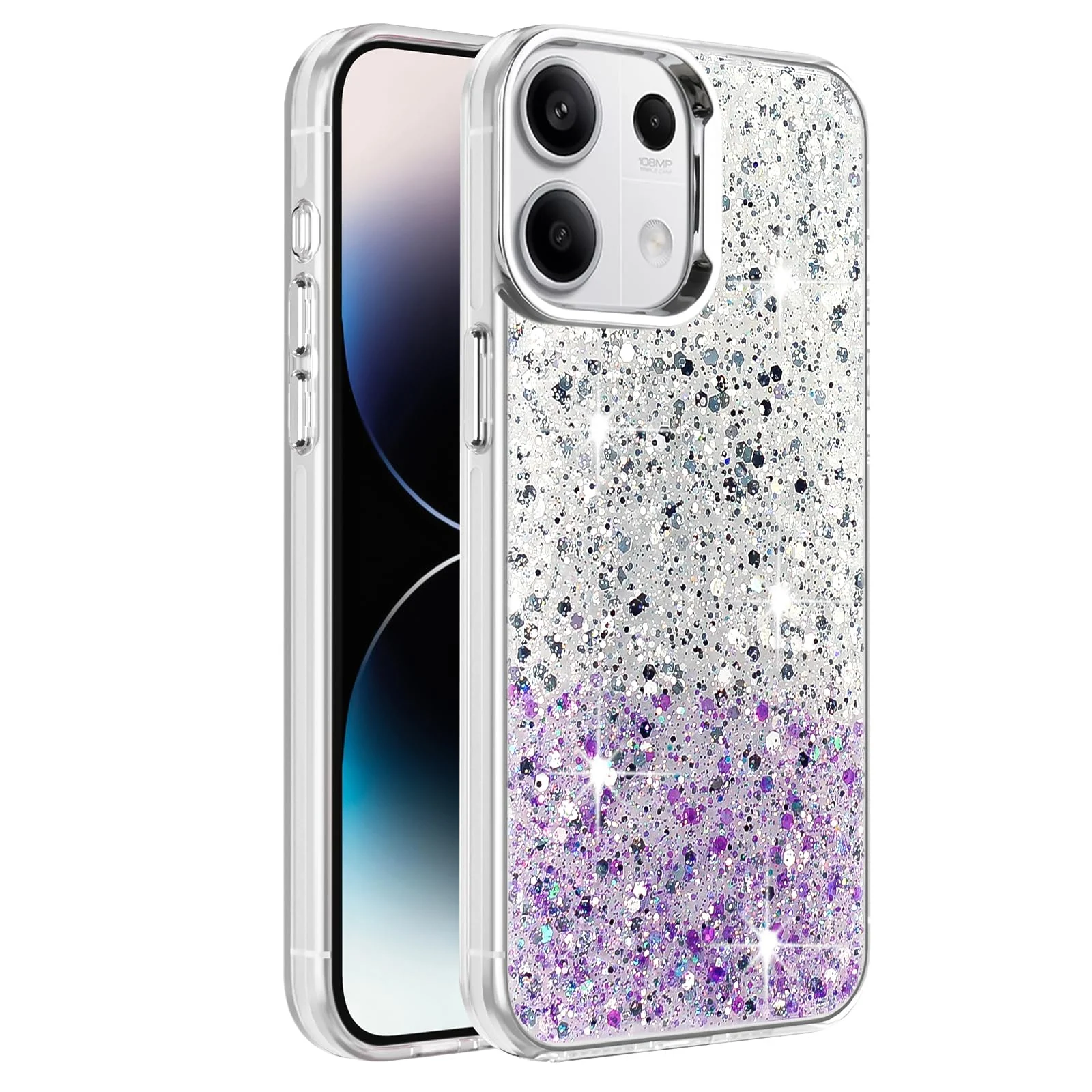 DL3 Mobilak Glitter Protective Case for Xiaomi Redmi Note 13 4G (NOT 5G), Supports wireless charging, Camera protection, Shock-absorbing protection - White Purple