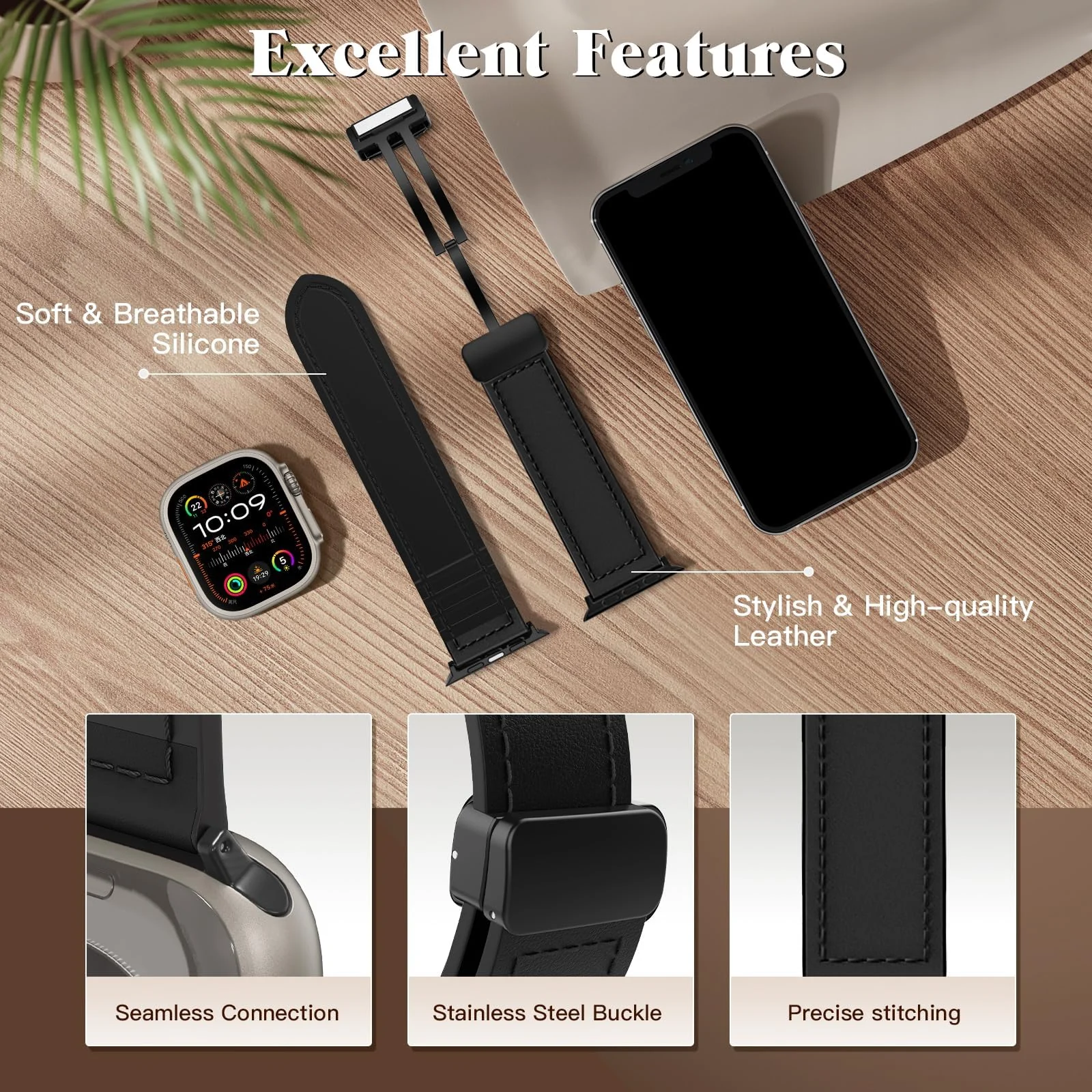 DL3 Mobilak Leather Bands Compatible with Apple Watch Band 49mm 45mm 44mm 42mm, Leather Magnetic Buckle Design Strap For iWatch Ultra Ultra 2 SE Series 9 8 7 6 5 4 3 2 1 Wristband For Men Women - Black