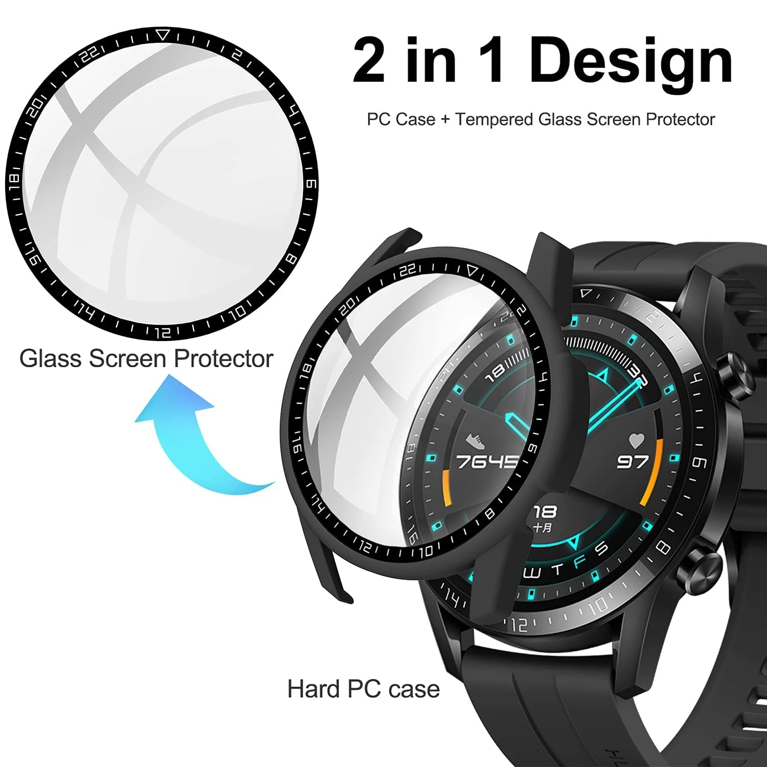 DL3 Mobilak Case Compatible with Huawei Watch GT2 46mm PC Cover with Bezel Tempered Glass Protection, Ultra Thin Full Protection for Huawei Watch GT 2 46 mm Protective Case - Black