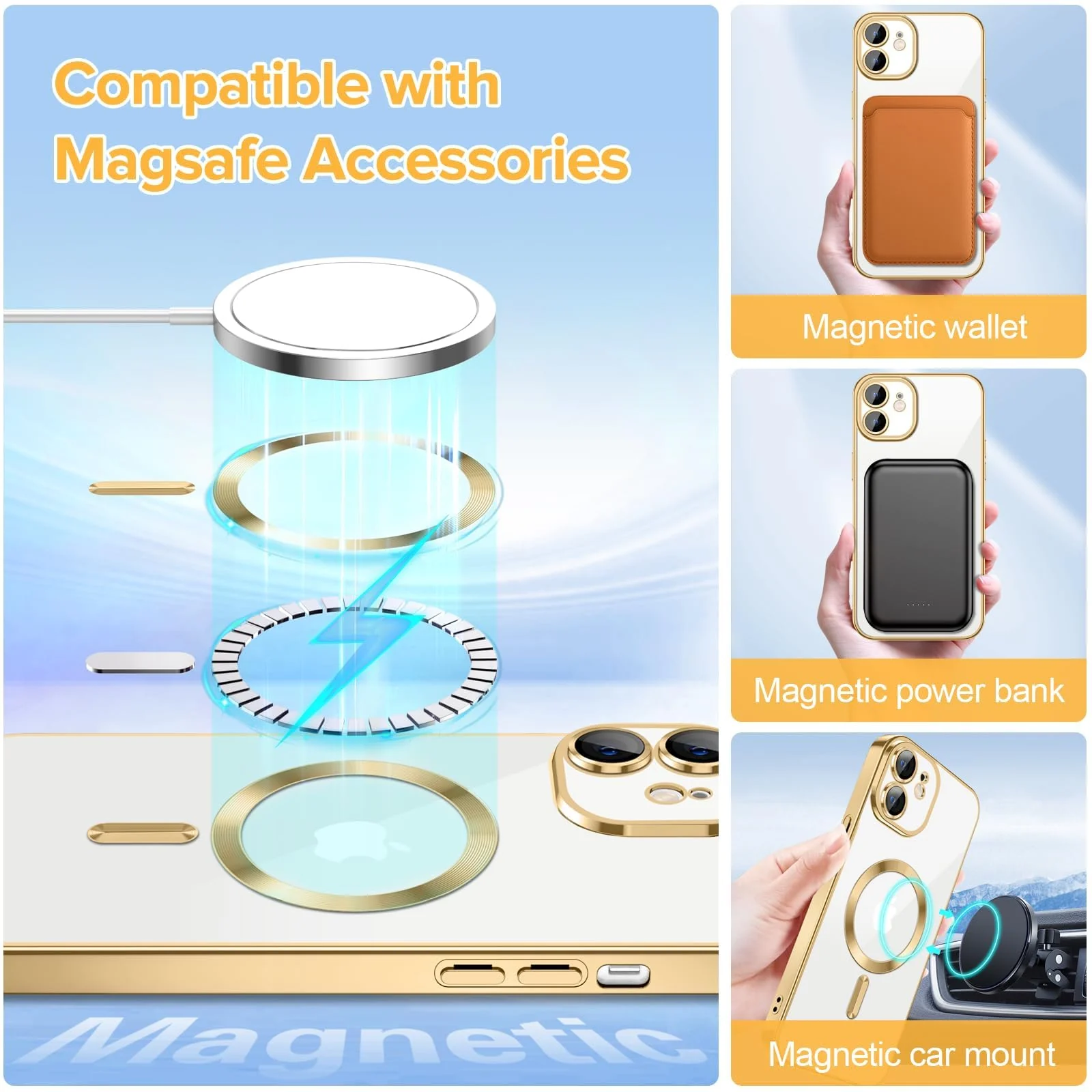 DL3 Mobilak Clear TPU Card Holder Case for iPhone 12 with Camera Protection and Magnetic Car-Mount Support - Gold