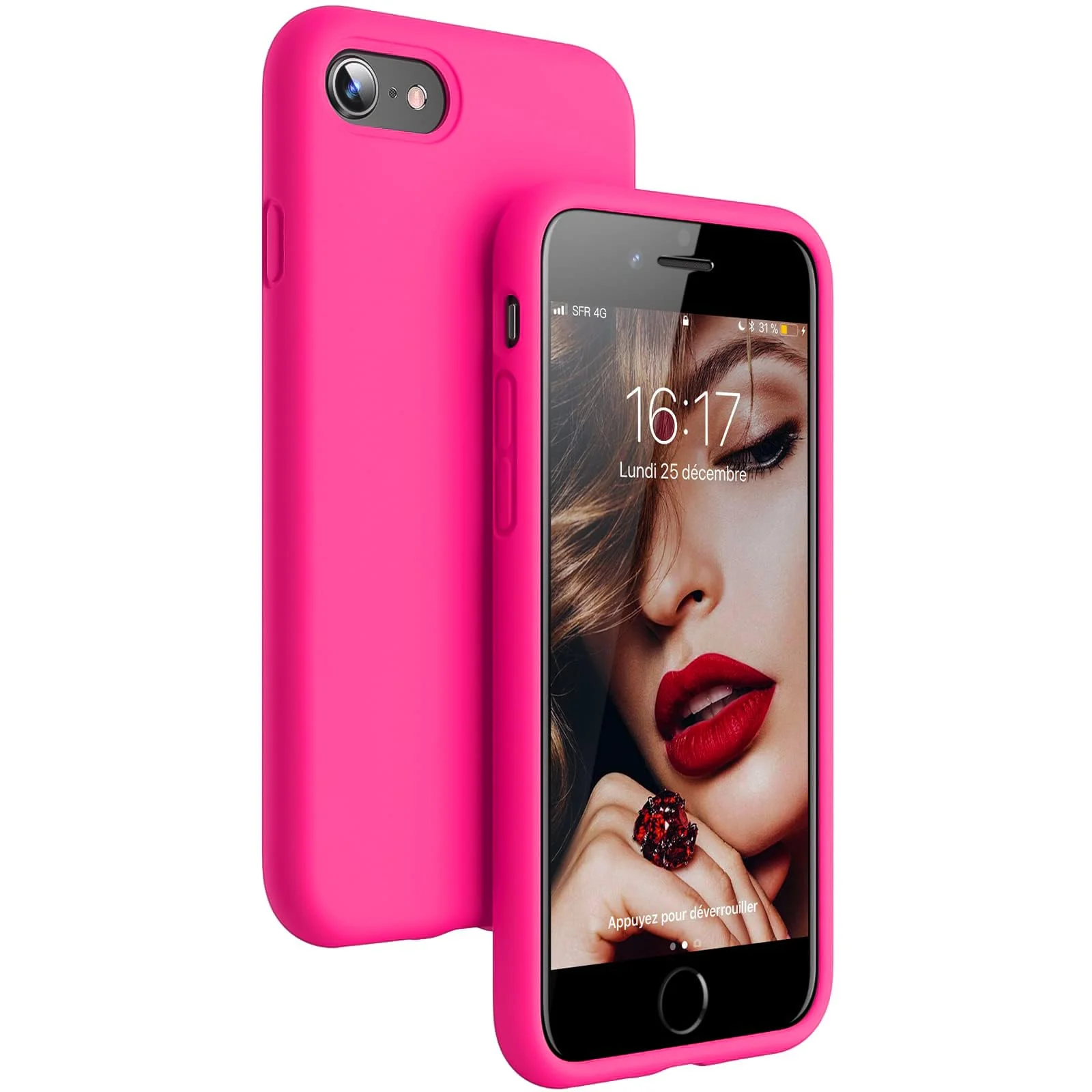 DL3 Mobilak Liquid Silicone Protective Case for iPhone SE 2022, SE 2020, iPhone 7, iPhone 8 with Camera Protection and Microfiber Lining - Hot Pink