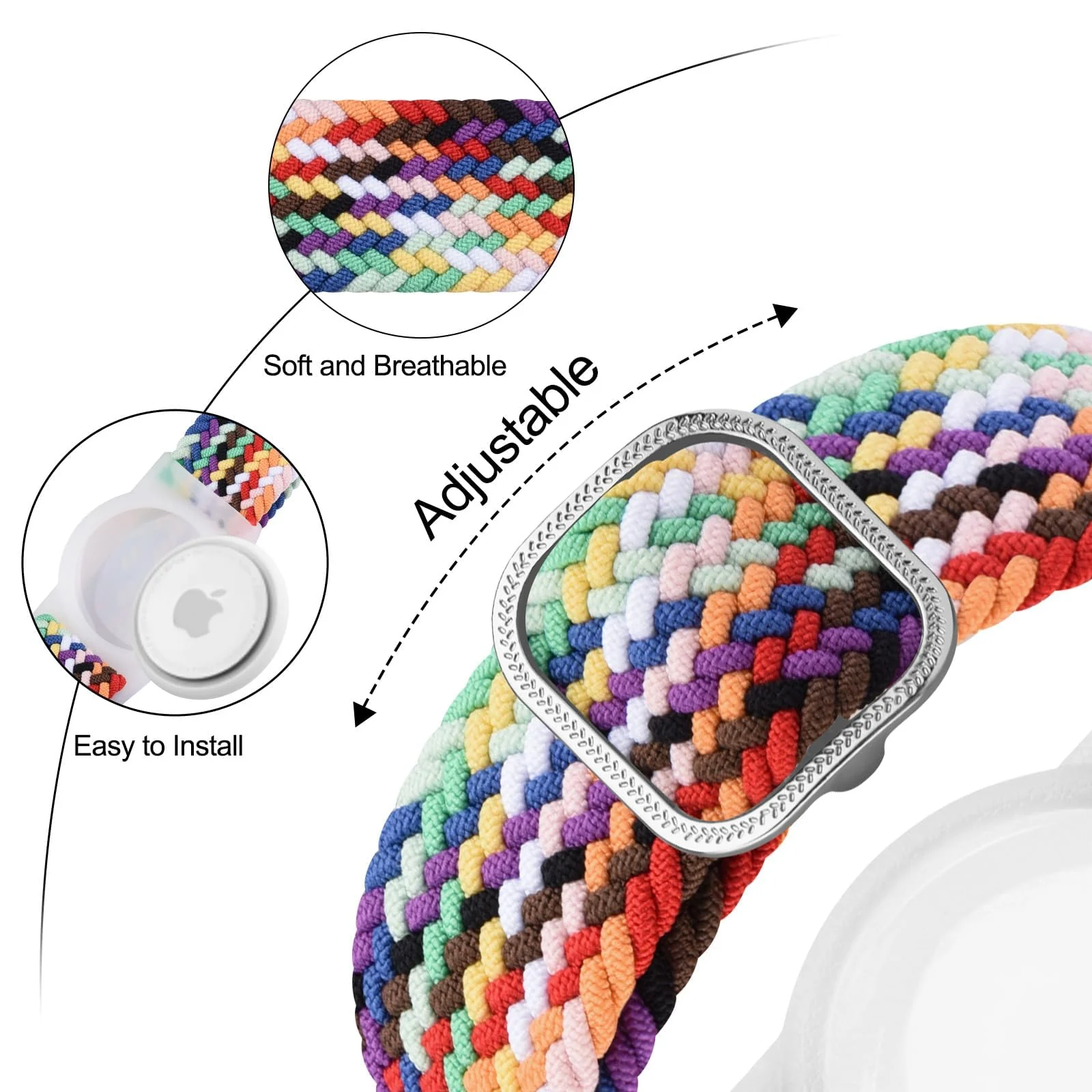 DL3 Mobilak Bracelet for Kids Compatible with AirTag, Nylon Stretch Braided Air Tag Wristband, Protective Case for Airtag GPS Tracker Holder, Adjustable Elastic Watch Strap for Toddler Child Elde - Official Rainbow