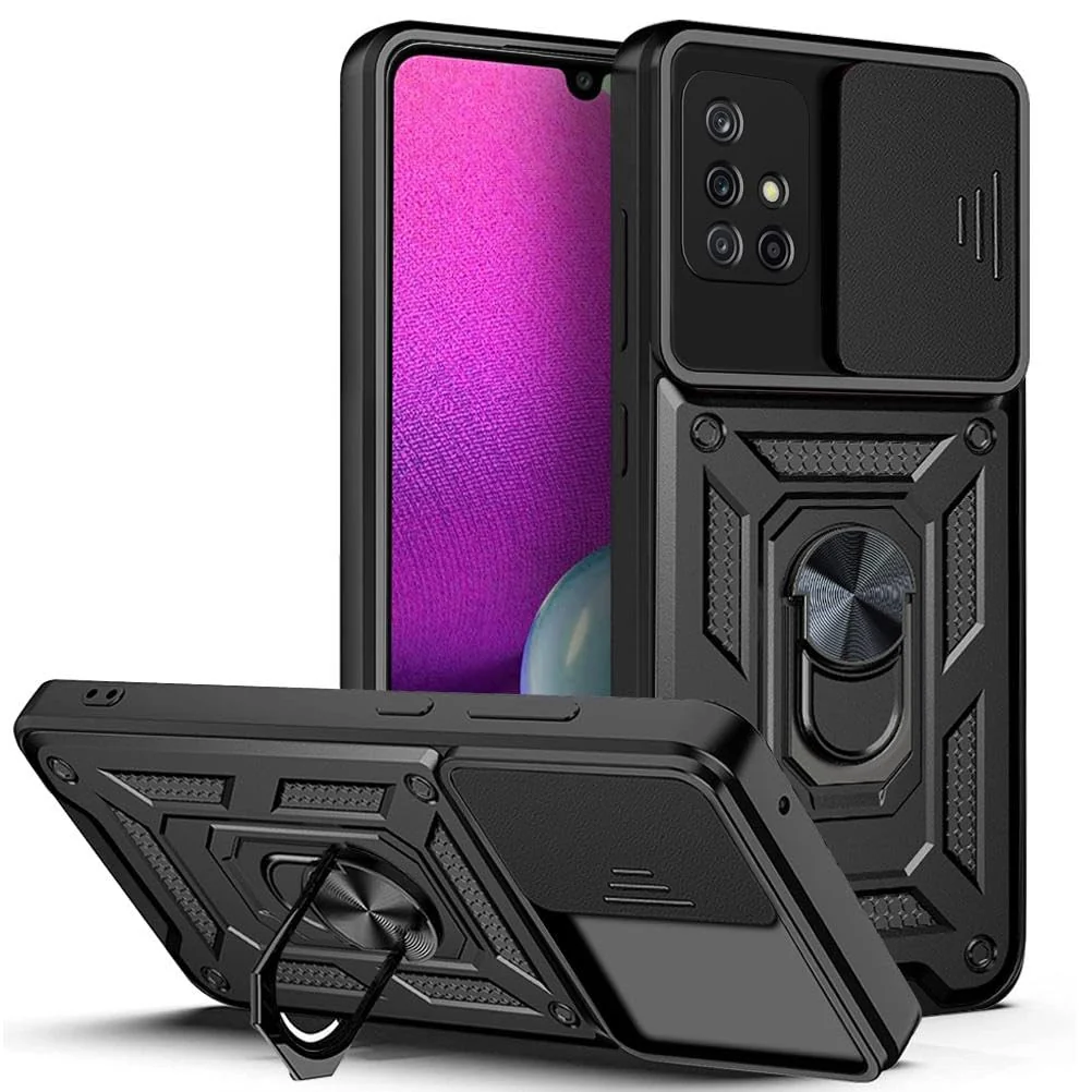 DL3 Mobilak Military-Grade Protective Case with Sliding Camera Cover, Metal Ring Kickstand and Magnetic Car-Mount Support for Samsung Galaxy A71 - Black