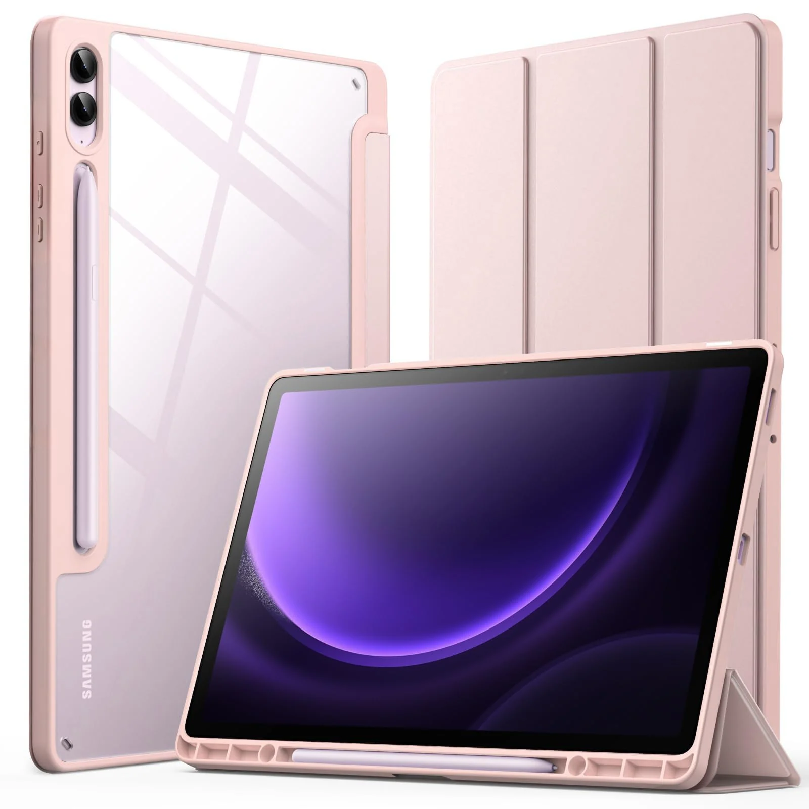 DL3 Mobilak Hybrid Slim Case for Samsung Galaxy Tab S9 FE+ / S9 FE Plus 12.4-Inch with S Pen Holder, Shockproof Cover with Clear Transparent Back Shell, Auto Wake/Sleep - Pink